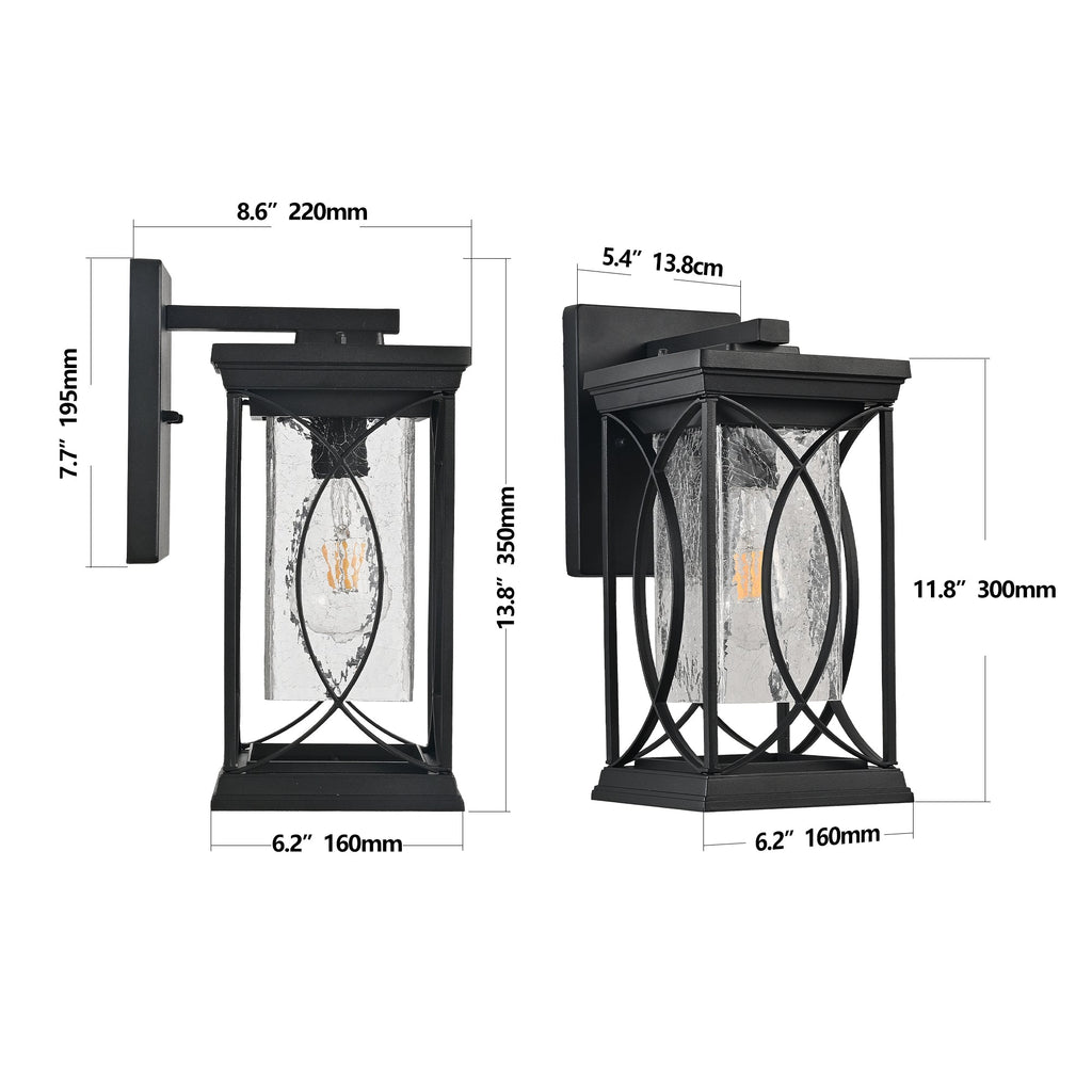 Jandcase 14in Outdoor Wall Lantern Black Crackled Glass Weather-Resistant Exterior Sconce Modern Porch Patio Entryway Light E26 Base