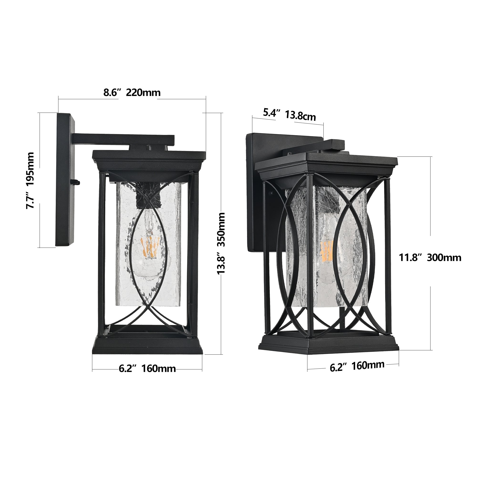 Jandcase 14in Outdoor Wall Lantern Black Crackled Glass Weather-Resistant Exterior Sconce Modern Porch Patio Entryway Light E26 Base