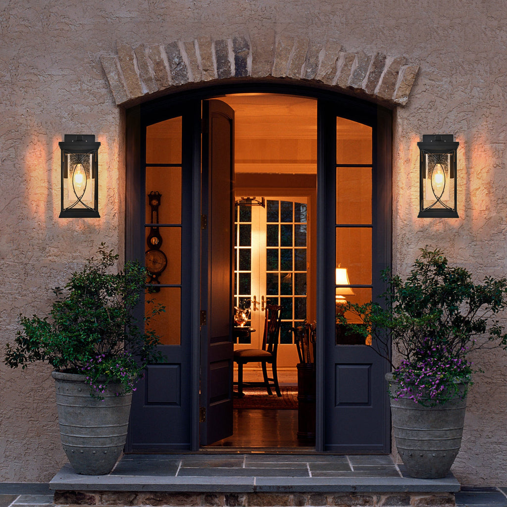 Jandcase 14in Outdoor Wall Lantern Black Crackled Glass Weather-Resistant Exterior Sconce Modern Porch Patio Entryway Light E26 Base