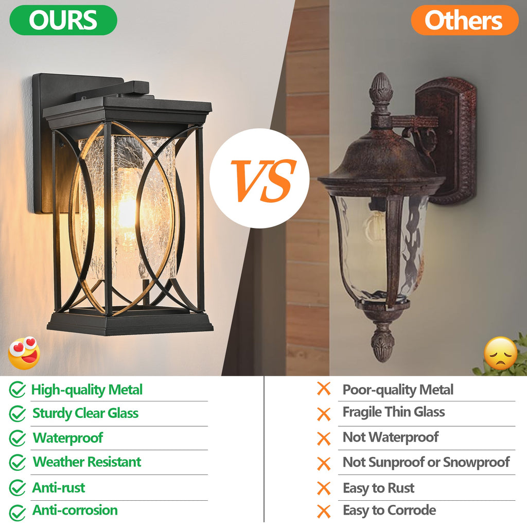 Jandcase 14in Outdoor Wall Lantern Black Crackled Glass Weather-Resistant Exterior Sconce Modern Porch Patio Entryway Light E26 Base