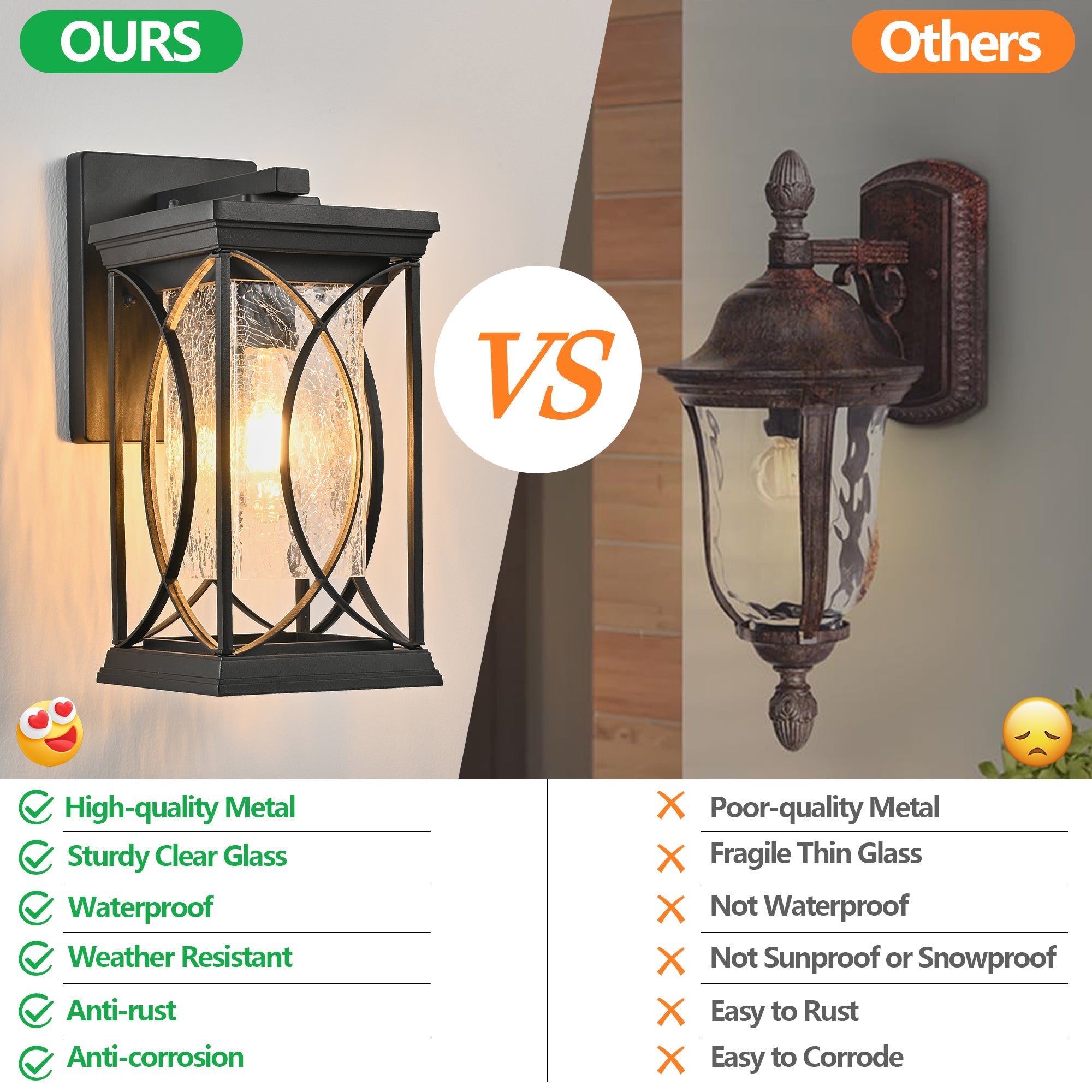 Jandcase 14in Outdoor Wall Lantern Black Crackled Glass Weather-Resistant Exterior Sconce Modern Porch Patio Entryway Light E26 Base