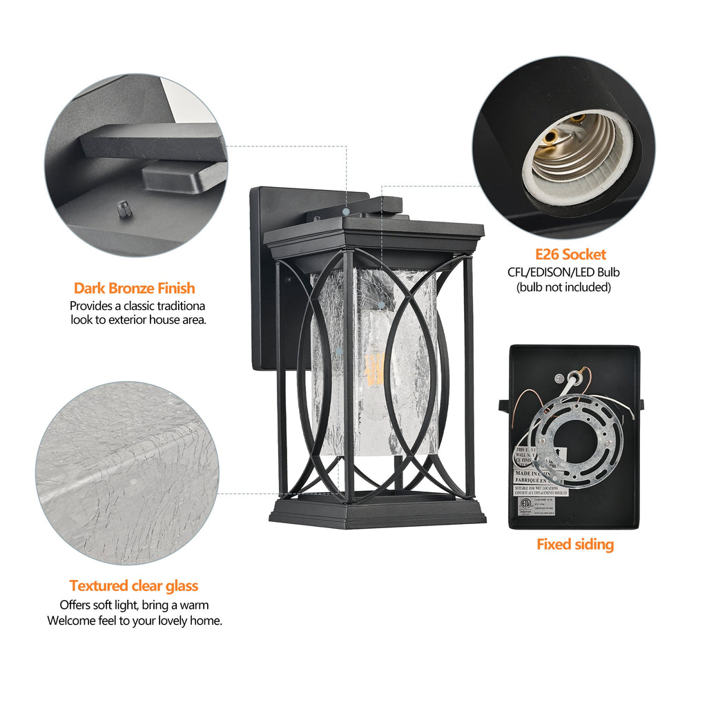 Jandcase 14in Outdoor Wall Lantern Black Crackled Glass Weather-Resistant Exterior Sconce Modern Porch Patio Entryway Light E26 Base