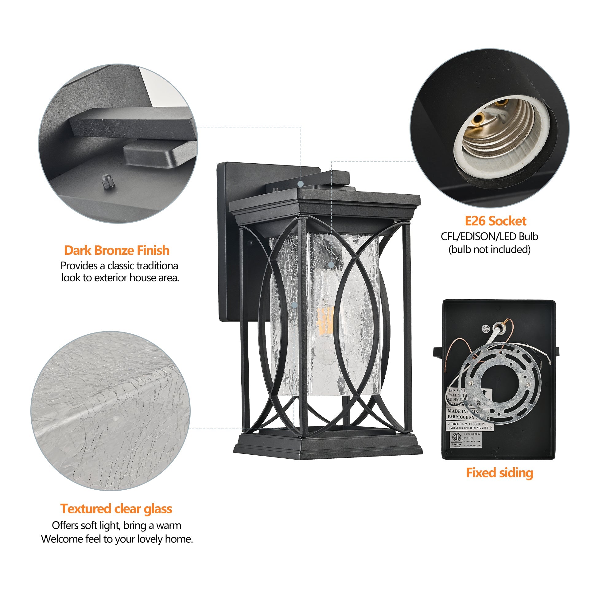 Jandcase 14in Outdoor Wall Lantern Black Crackled Glass Weather-Resistant Exterior Sconce Modern Porch Patio Entryway Light E26 Base