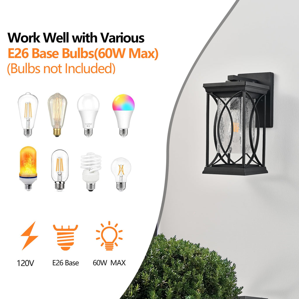 Jandcase 14in Outdoor Wall Lantern Black Crackled Glass Weather-Resistant Exterior Sconce Modern Porch Patio Entryway Light E26 Base