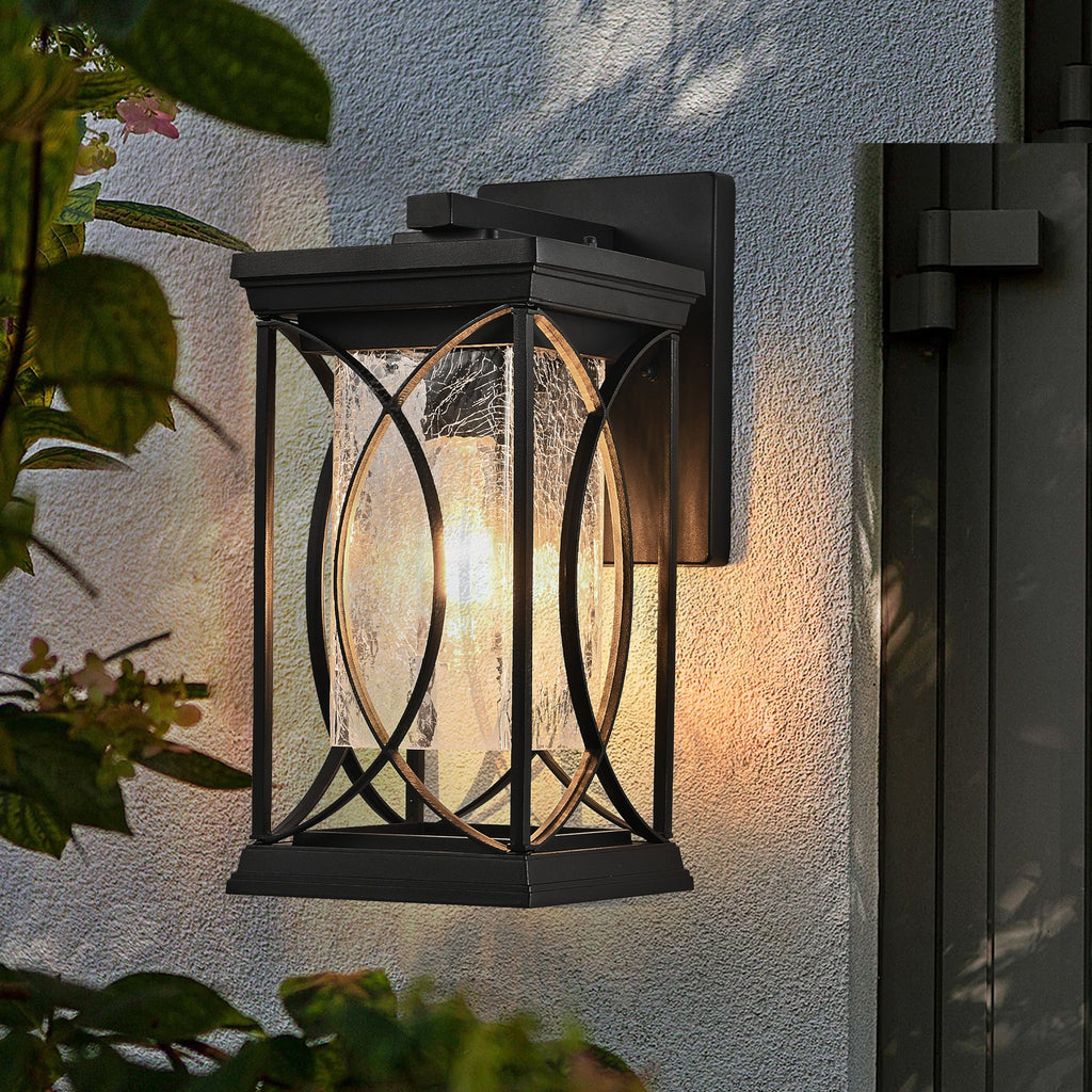 Jandcase 14in Outdoor Wall Lantern Black Crackled Glass Weather-Resistant Exterior Sconce Modern Porch Patio Entryway Light E26 Base