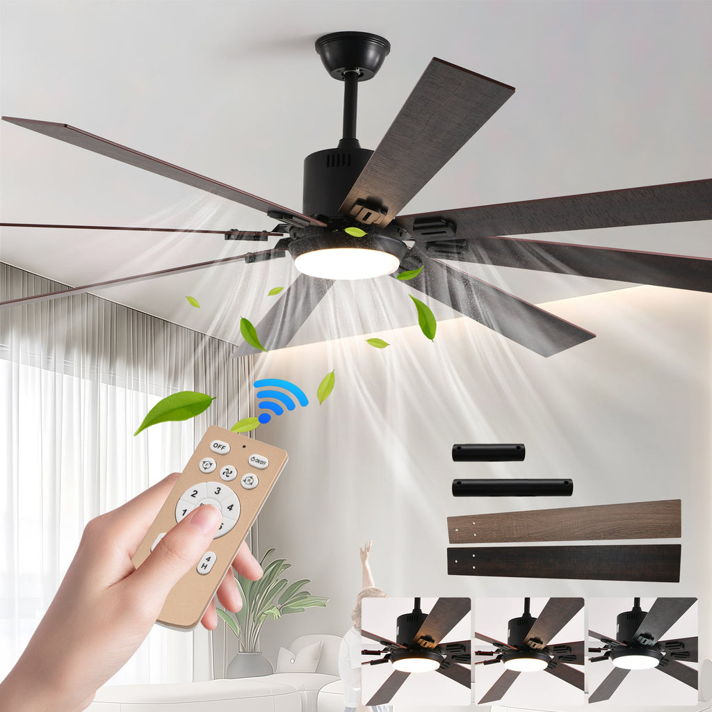 Jandcase72" Walnut LED Ceiling Fan Light with 8 Wooden Blades, Remote Control, Adjustable Color Temperature for Living Room, Bedroom, or Dining Room (Silent/6-Speed/Reversible/DC Motor)