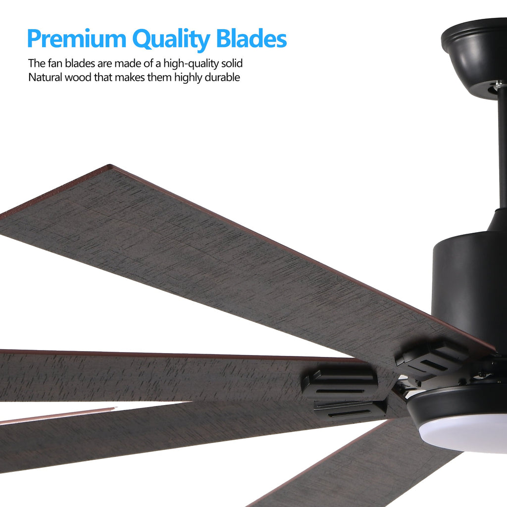 Jandcase72" Walnut LED Ceiling Fan Light with 8 Wooden Blades, Remote Control, Adjustable Color Temperature for Living Room, Bedroom, or Dining Room (Silent/6-Speed/Reversible/DC Motor)