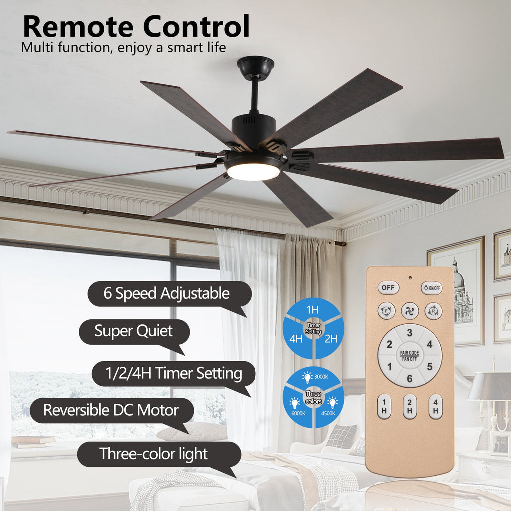 Jandcase72" Walnut LED Ceiling Fan Light with 8 Wooden Blades, Remote Control, Adjustable Color Temperature for Living Room, Bedroom, or Dining Room (Silent/6-Speed/Reversible/DC Motor)
