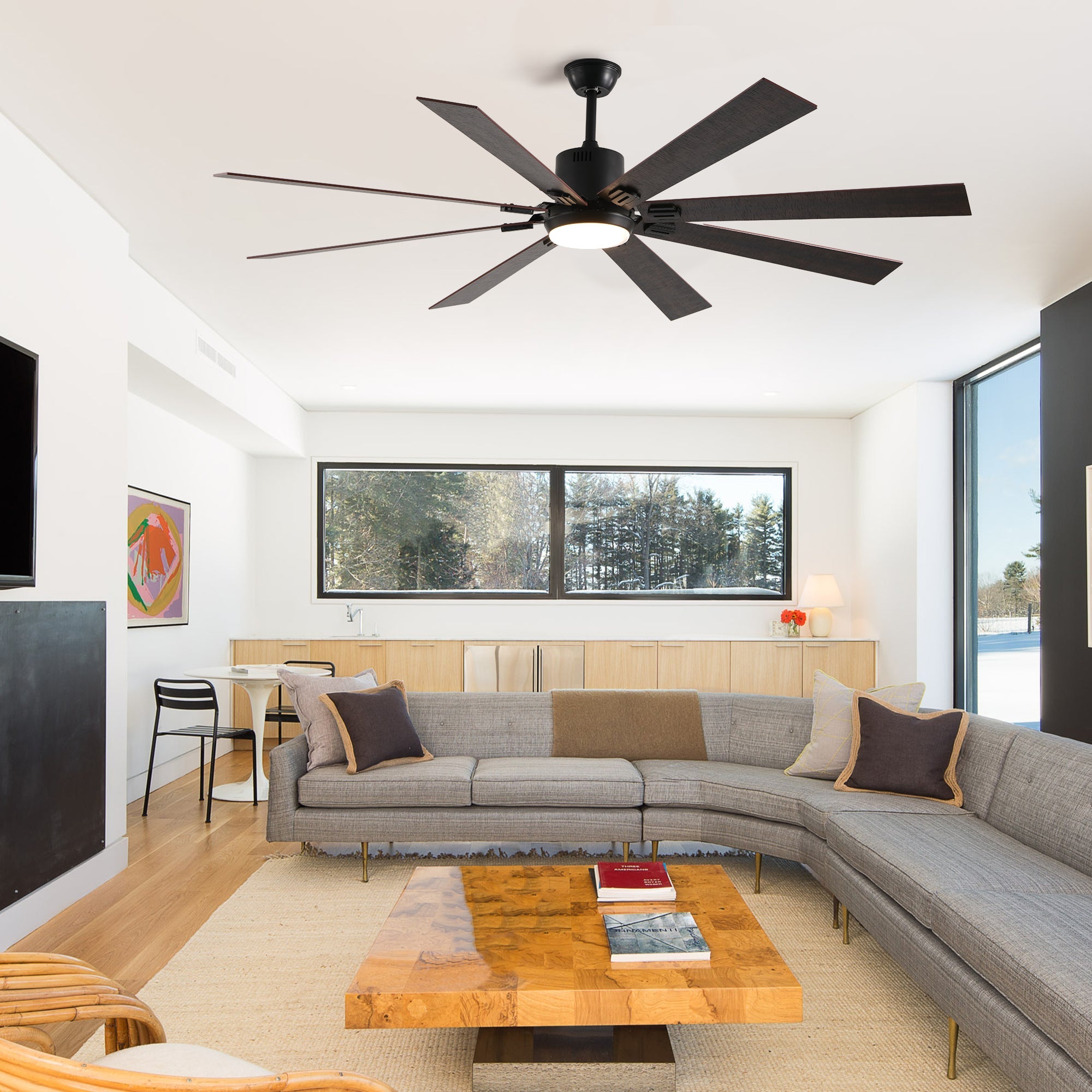 Jandcase72" Walnut LED Ceiling Fan Light with 8 Wooden Blades, Remote Control, Adjustable Color Temperature for Living Room, Bedroom, or Dining Room (Silent/6-Speed/Reversible/DC Motor)