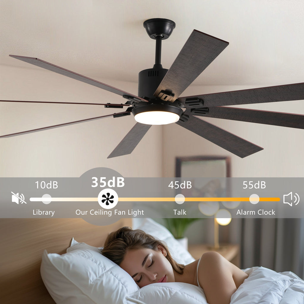 Jandcase72" Walnut LED Ceiling Fan Light with 8 Wooden Blades, Remote Control, Adjustable Color Temperature for Living Room, Bedroom, or Dining Room (Silent/6-Speed/Reversible/DC Motor)