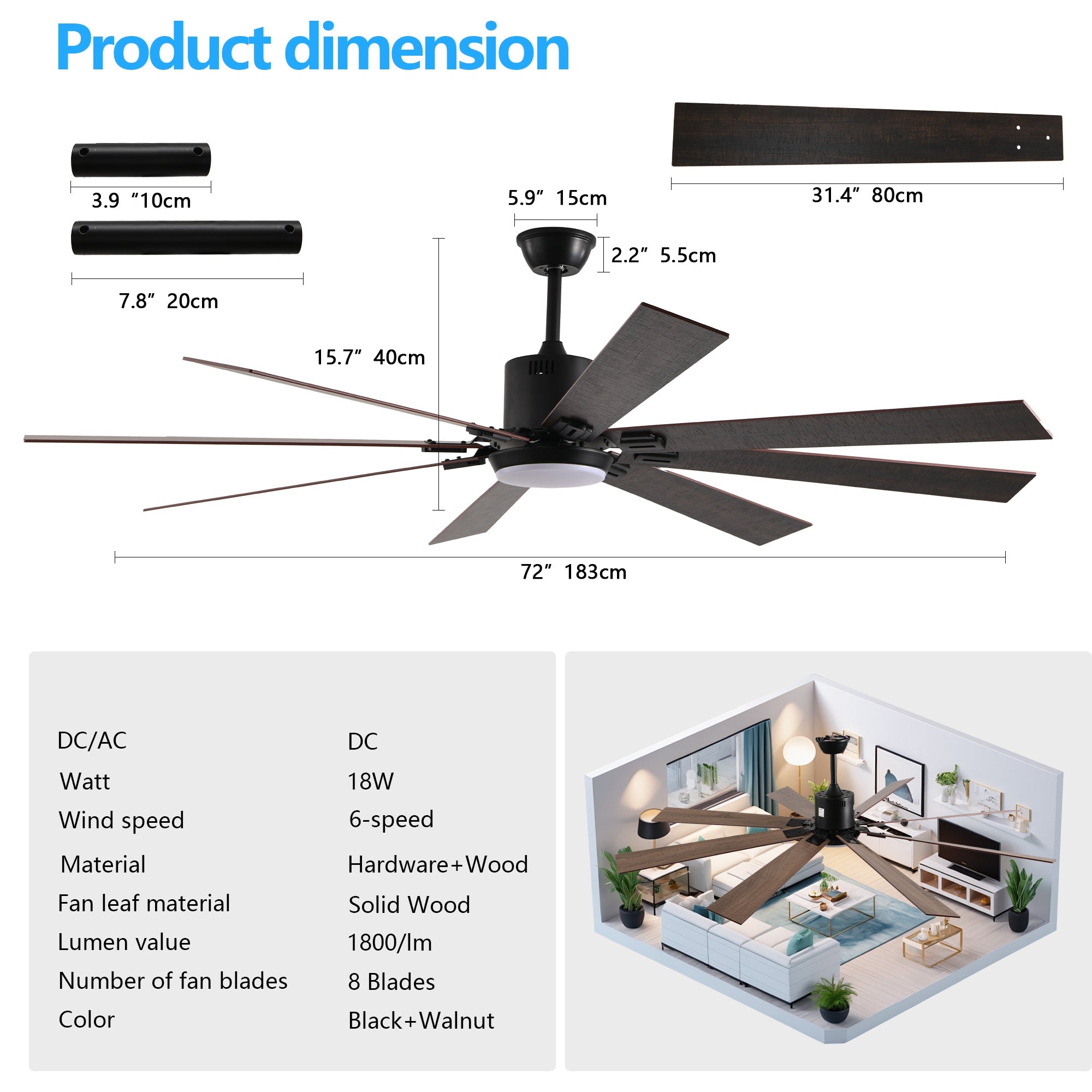 Jandcase72" Walnut LED Ceiling Fan Light with 8 Wooden Blades, Remote Control, Adjustable Color Temperature for Living Room, Bedroom, or Dining Room (Silent/6-Speed/Reversible/DC Motor)