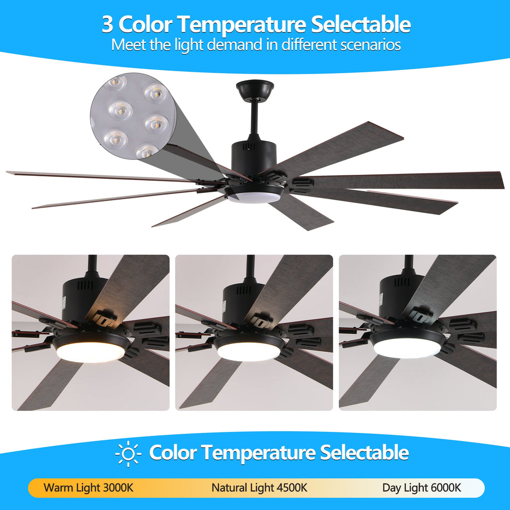 Jandcase72" Walnut LED Ceiling Fan Light with 8 Wooden Blades, Remote Control, Adjustable Color Temperature for Living Room, Bedroom, or Dining Room (Silent/6-Speed/Reversible/DC Motor)