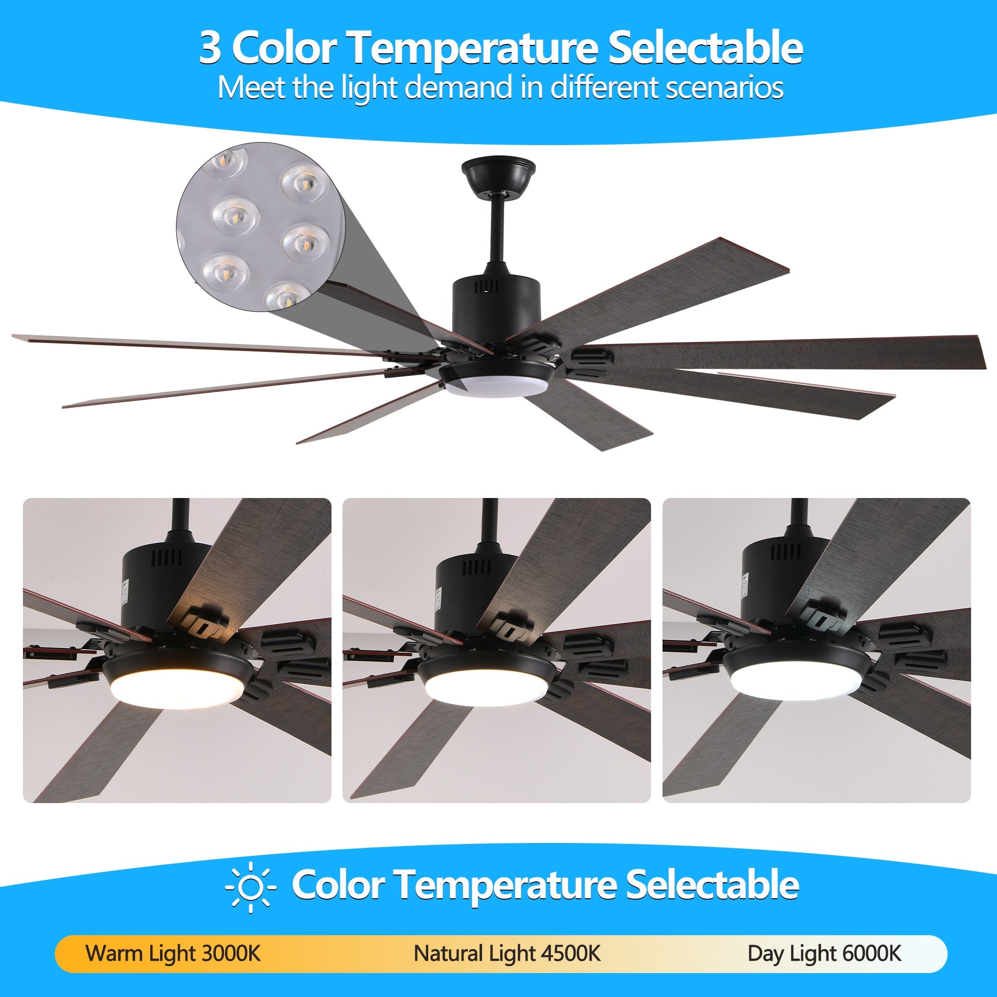 Jandcase72" Walnut LED Ceiling Fan Light with 8 Wooden Blades, Remote Control, Adjustable Color Temperature for Living Room, Bedroom, or Dining Room (Silent/6-Speed/Reversible/DC Motor)