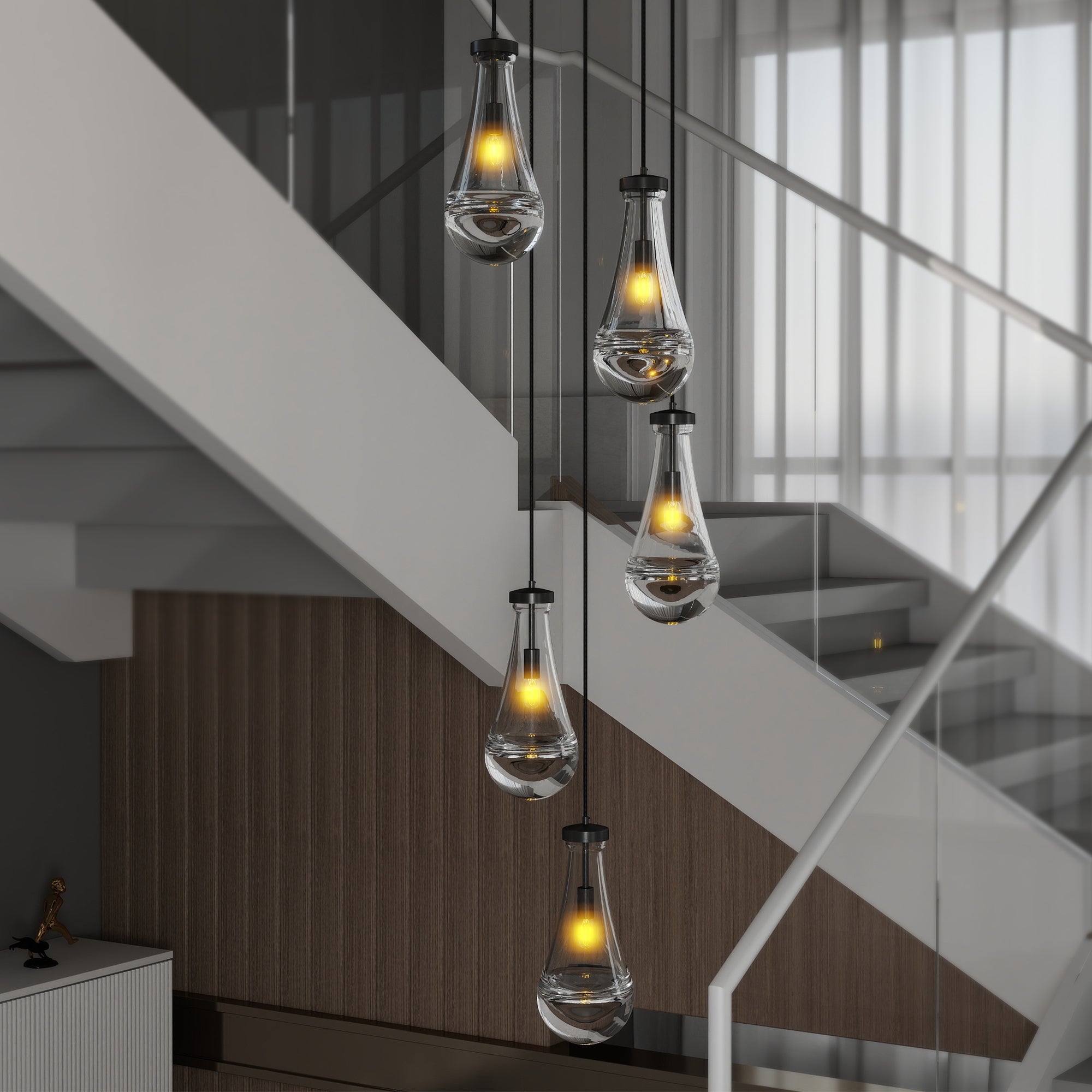Jandcase 11.8 in. Black Modern 5-Light Cluster Pendant Light with Adjustable Braided Rope Cords and Raindrop Glass Shades