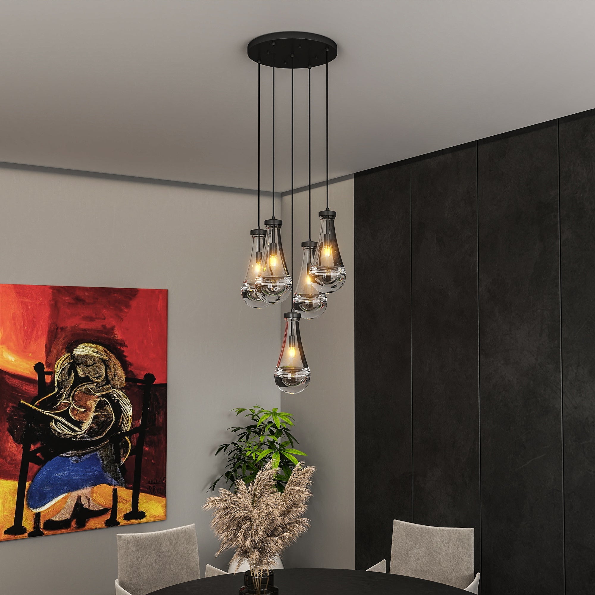 Jandcase 11.8 in. Black Modern 5-Light Cluster Pendant Light with Adjustable Braided Rope Cords and Raindrop Glass Shades