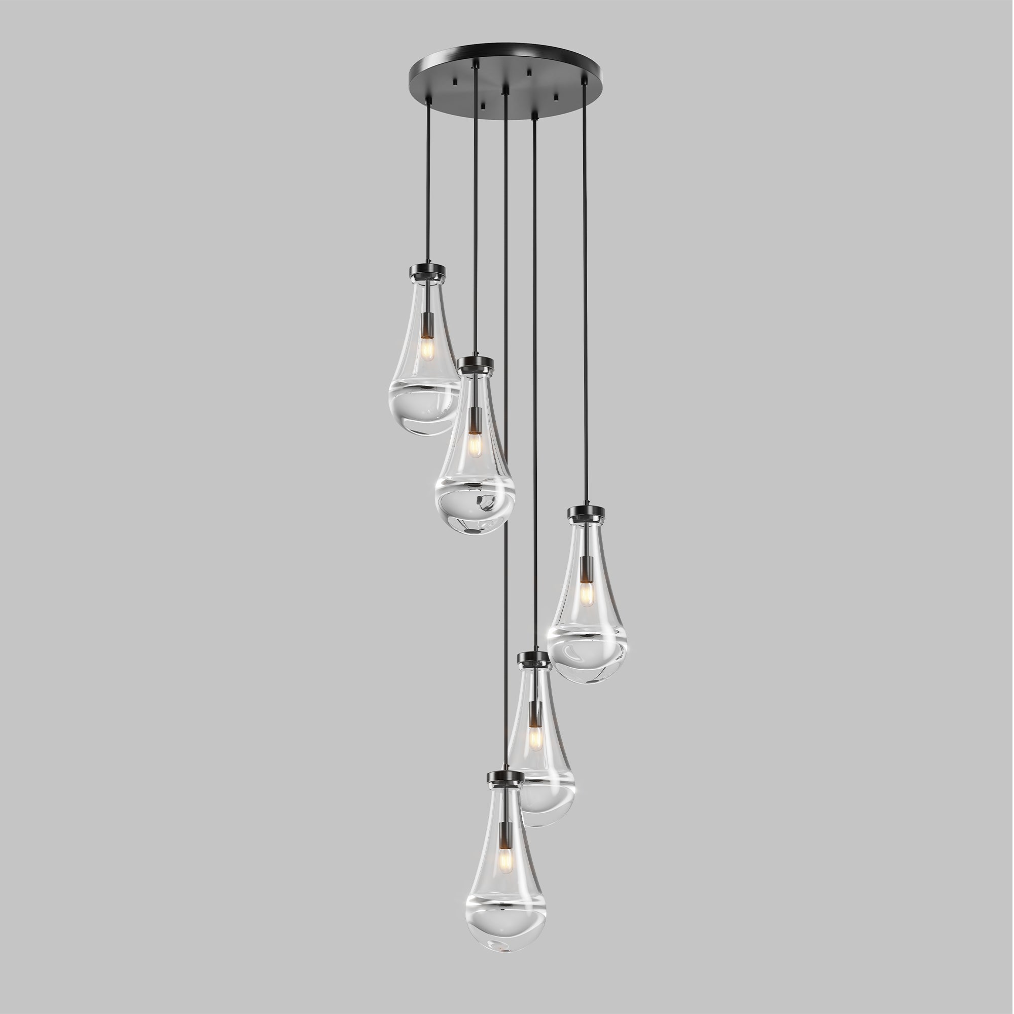 Jandcase 11.8 in. Black Modern 5-Light Cluster Pendant Light with Adjustable Braided Rope Cords and Raindrop Glass Shades