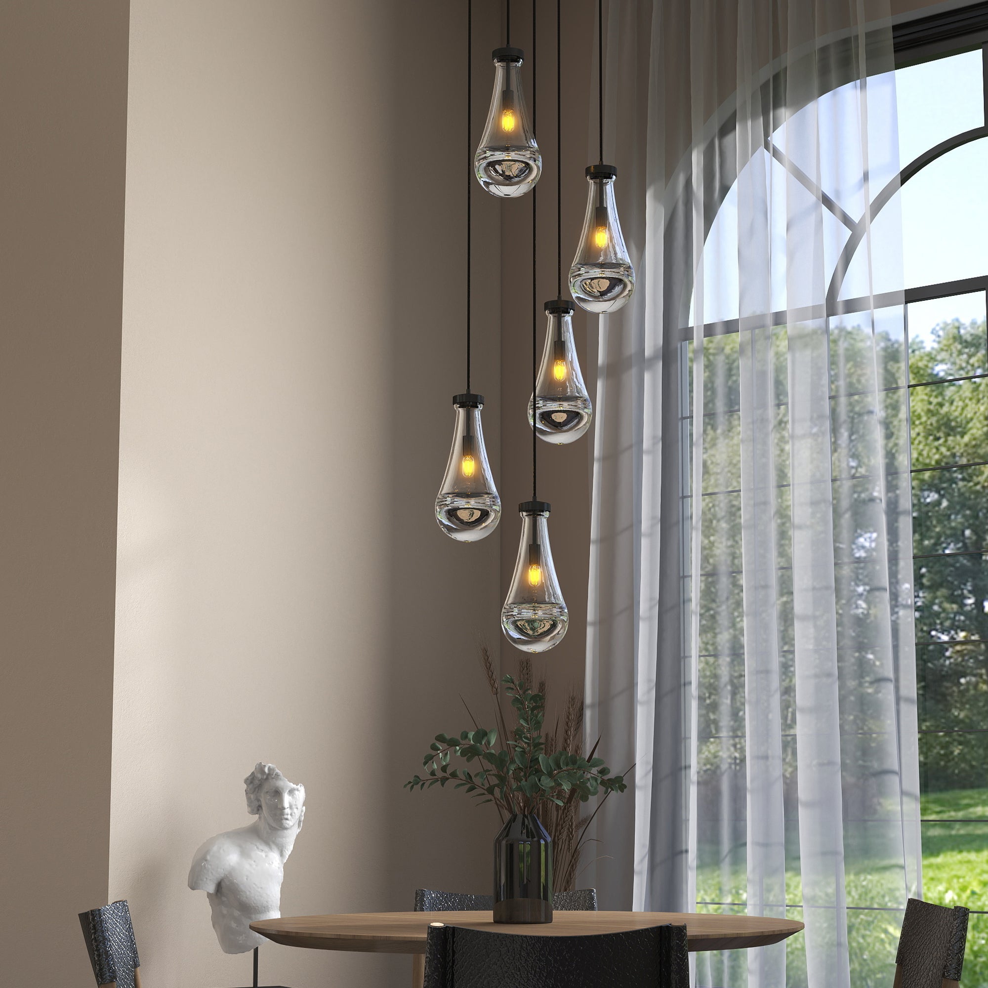 Jandcase 11.8 in. Black Modern 5-Light Cluster Pendant Light with Adjustable Braided Rope Cords and Raindrop Glass Shades