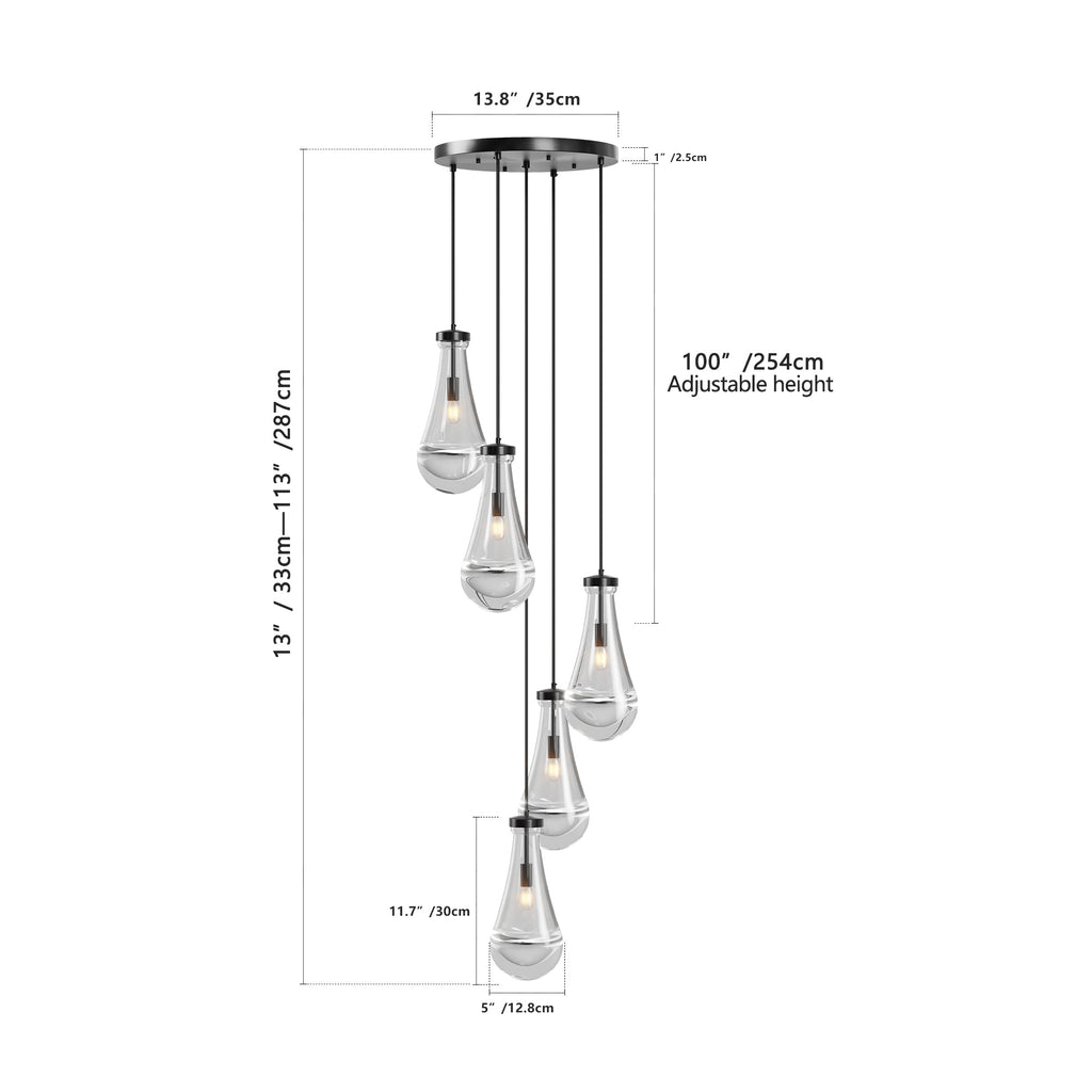 Jandcase 11.8 in. Black Modern 5-Light Cluster Pendant Light with Adjustable Braided Rope Cords and Raindrop Glass Shades