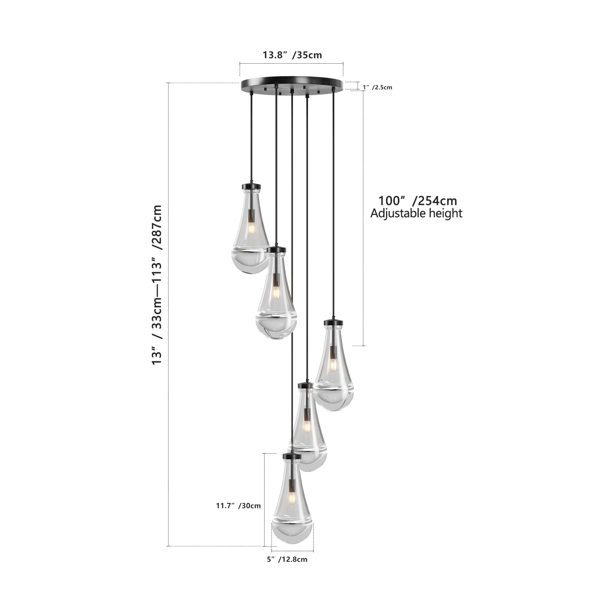 Jandcase 11.8 in. Black Modern 5-Light Cluster Pendant Light with Adjustable Braided Rope Cords and Raindrop Glass Shades