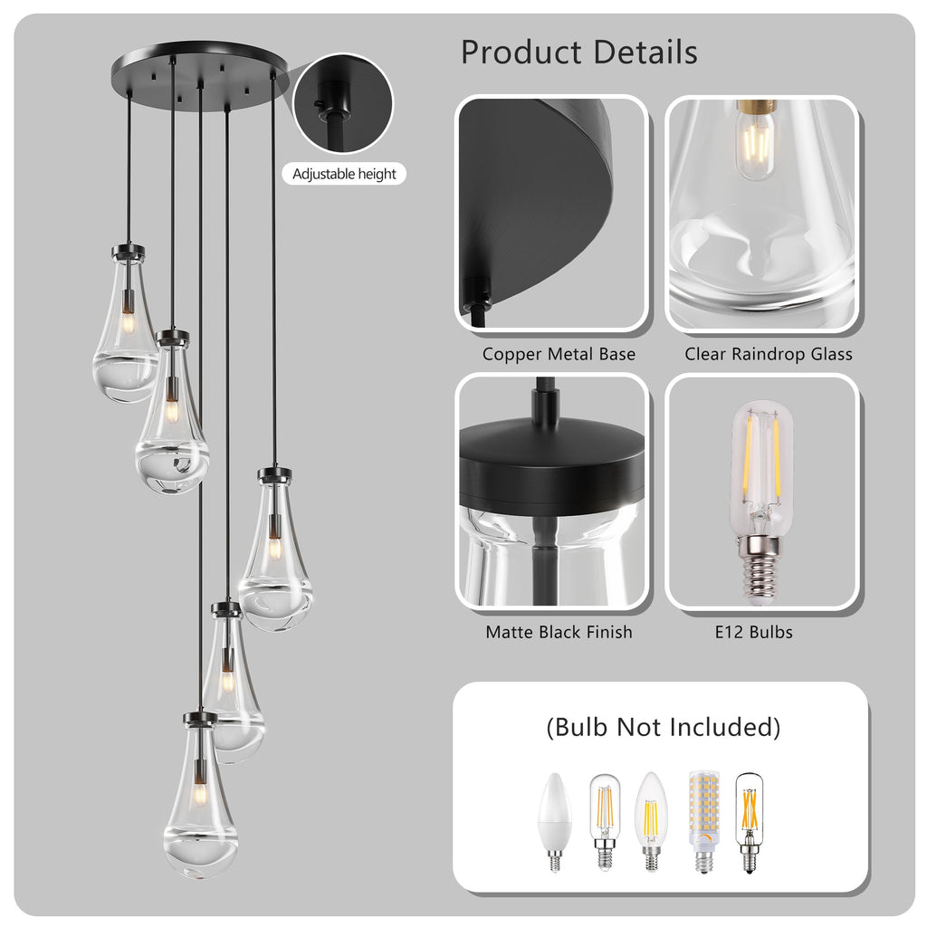 Jandcase 11.8 in. Black Modern 5-Light Cluster Pendant Light with Adjustable Braided Rope Cords and Raindrop Glass Shades