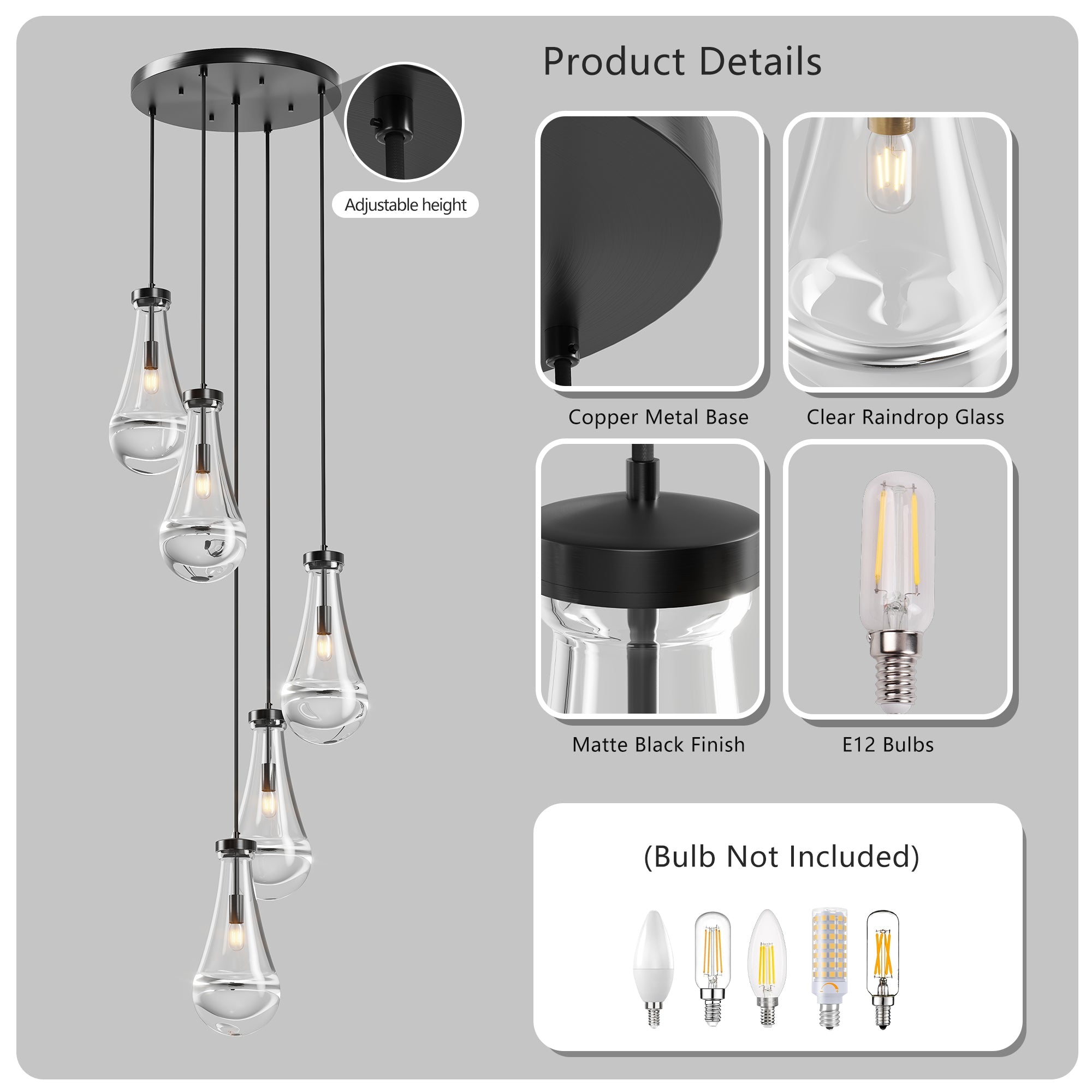 Jandcase 11.8 in. Black Modern 5-Light Cluster Pendant Light with Adjustable Braided Rope Cords and Raindrop Glass Shades