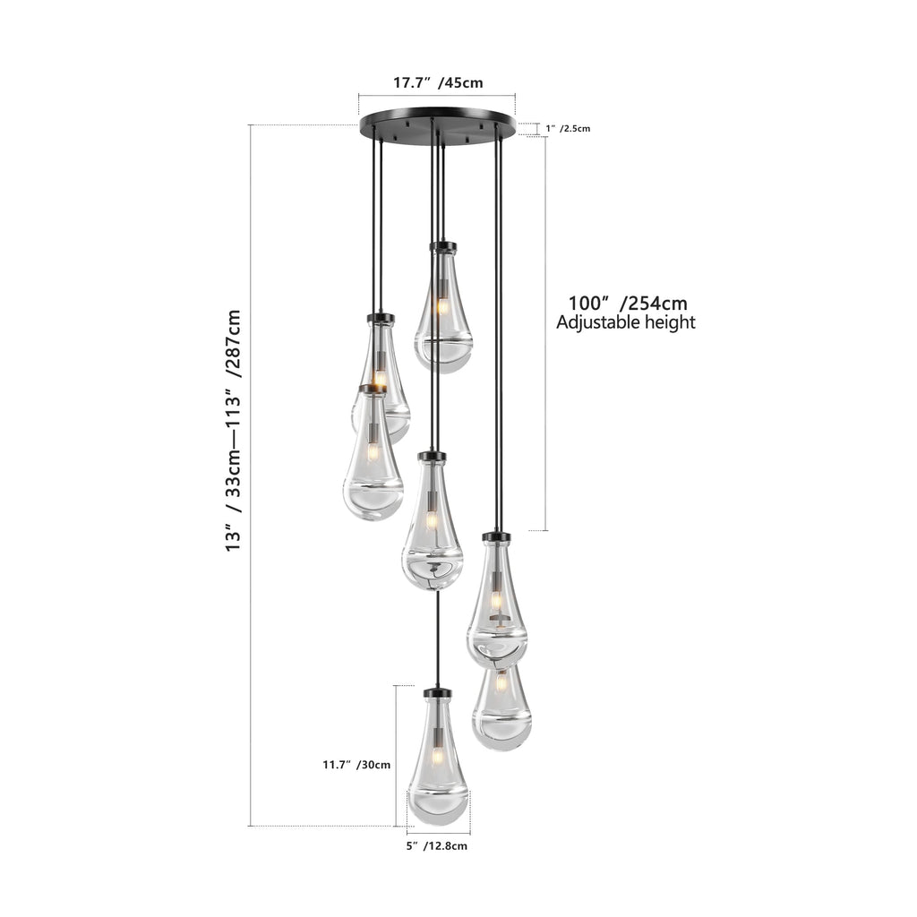 Jandcase 17.7 in. Black Modern 7-Light Cluster Pendant Light with Adjustable Braided Rope Cords and Raindrop Glass Shades (Copy)
