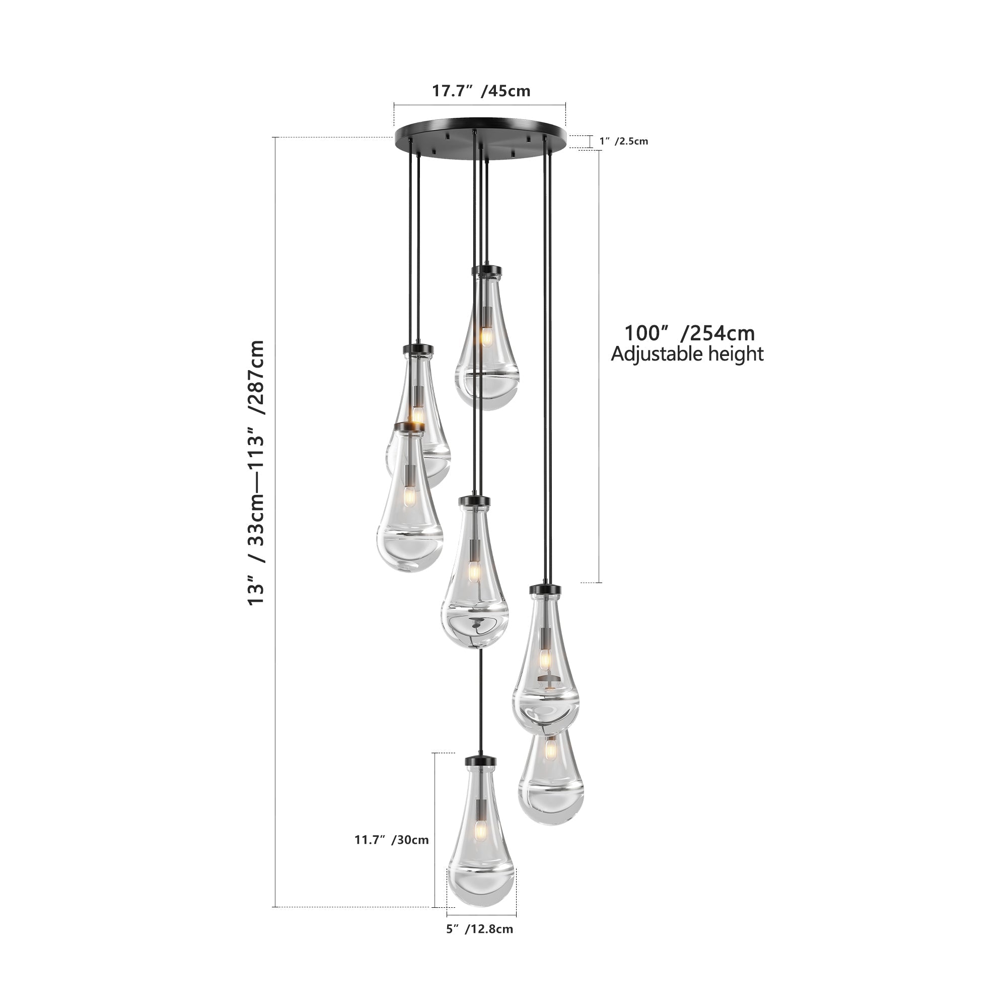 Jandcase 17.7 in. Black Modern 7-Light Cluster Pendant Light with Adjustable Braided Rope Cords and Raindrop Glass Shades (Copy)