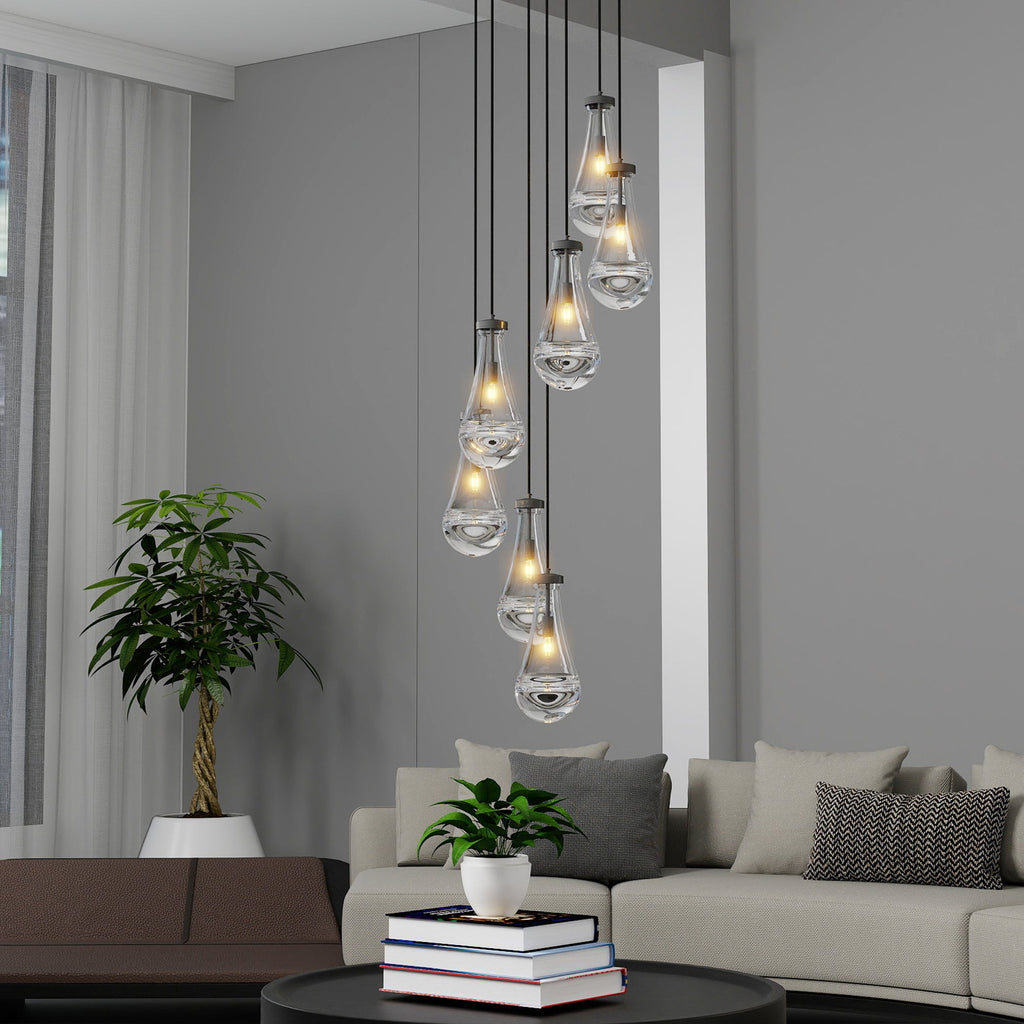 Jandcase 17.7 in. Black Modern 7-Light Cluster Pendant Light with Adjustable Braided Rope Cords and Raindrop Glass Shades (Copy)