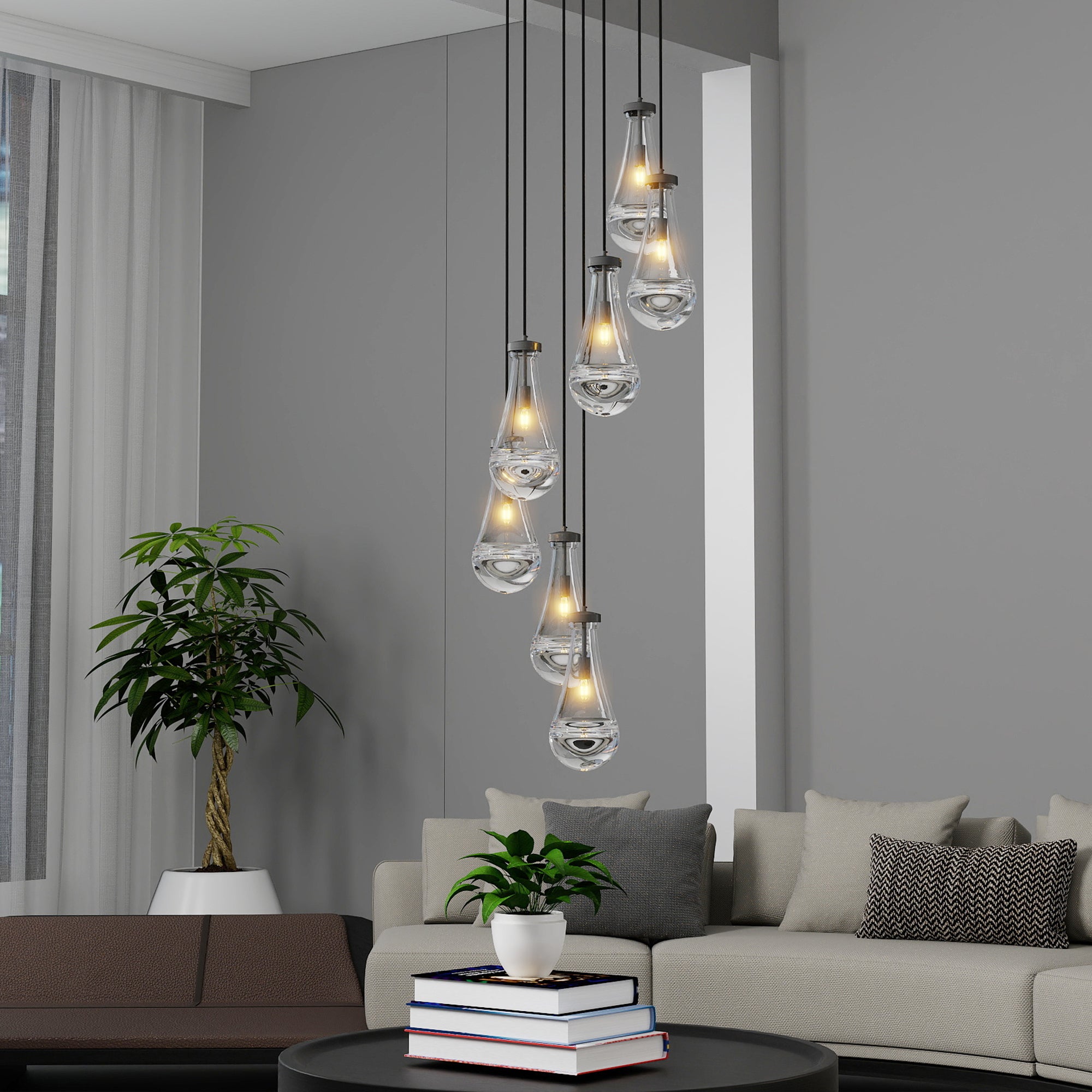 Jandcase 17.7 in. Black Modern 7-Light Cluster Pendant Light with Adjustable Braided Rope Cords and Raindrop Glass Shades (Copy)