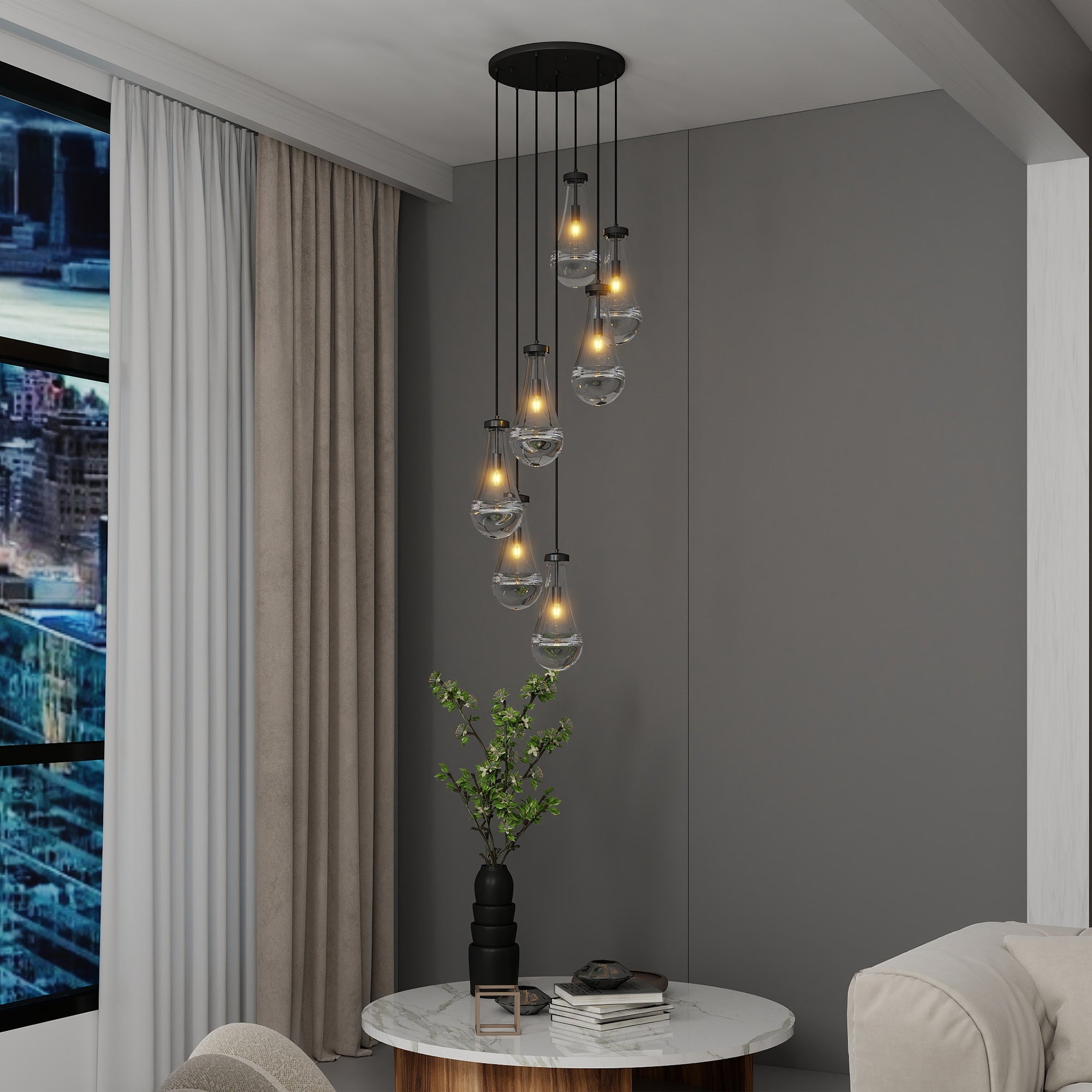 Jandcase 17.7 in. Black Modern 7-Light Cluster Pendant Light with Adjustable Braided Rope Cords and Raindrop Glass Shades (Copy)