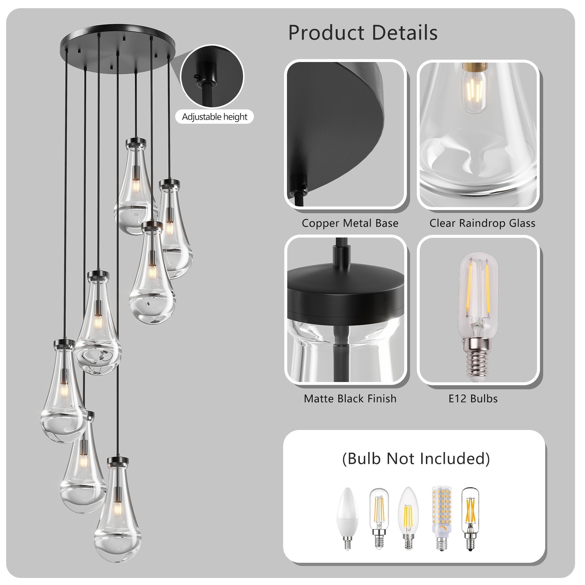Jandcase 17.7 in. Black Modern 7-Light Cluster Pendant Light with Adjustable Braided Rope Cords and Raindrop Glass Shades (Copy)