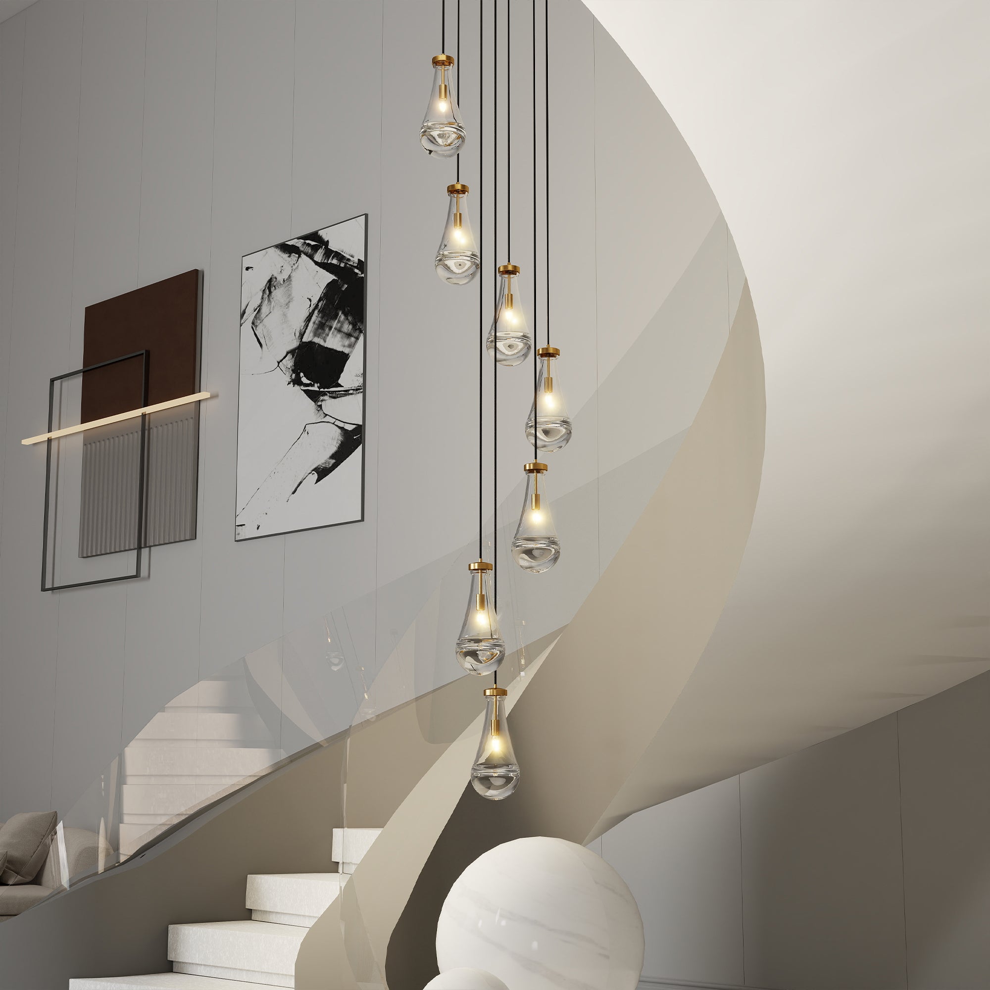 Jandcase 17.7 in. Brass Modern 7-Light Linear Pendant Chandelier with Adjustable Hanging Cords and Raindrop Glass Shades