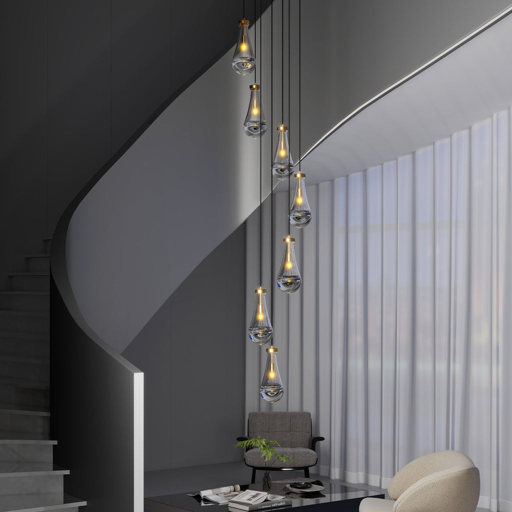 Jandcase 17.7 in. Brass Modern 7-Light Linear Pendant Chandelier with Adjustable Hanging Cords and Raindrop Glass Shades