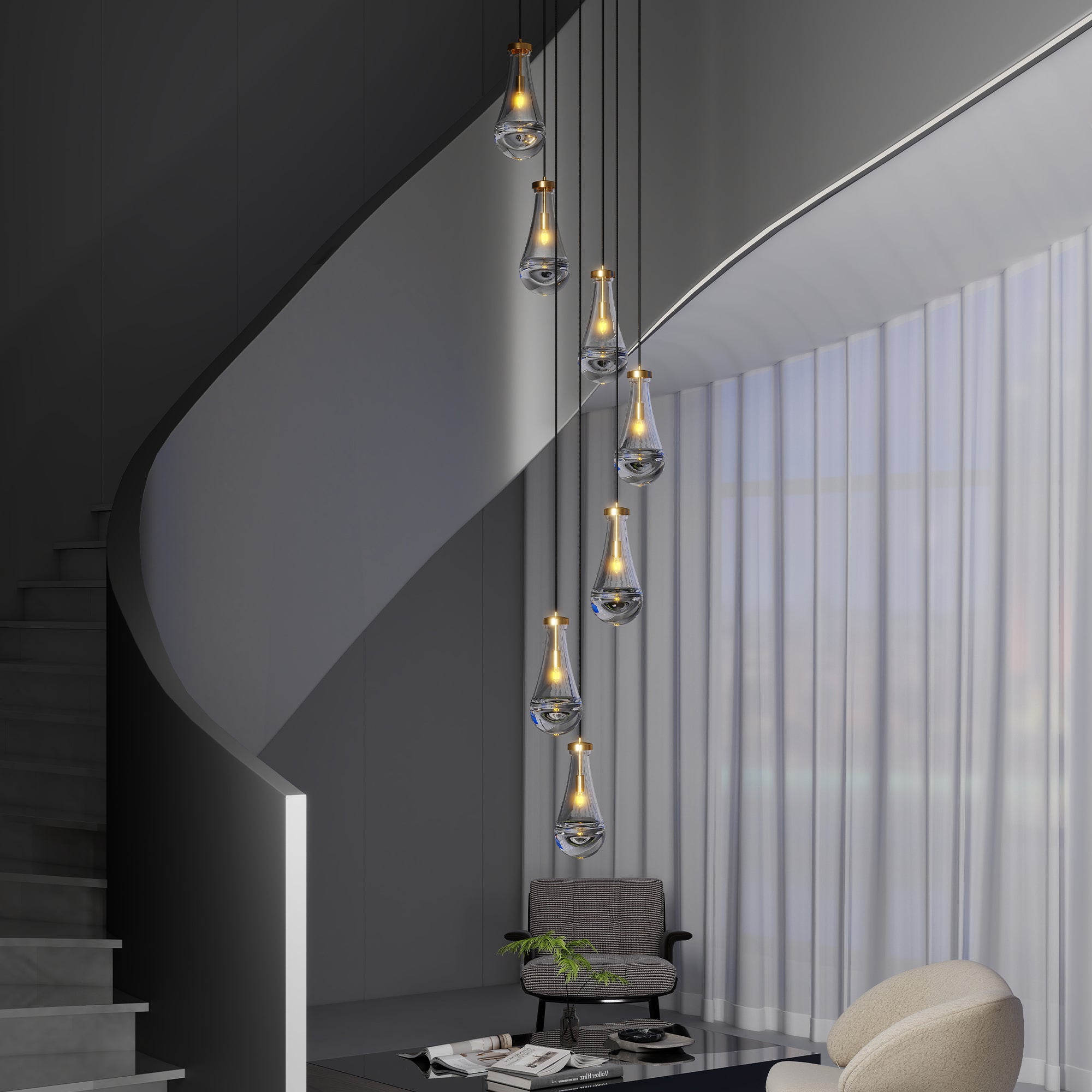 Jandcase 17.7 in. Brass Modern 7-Light Linear Pendant Chandelier with Adjustable Hanging Cords and Raindrop Glass Shades
