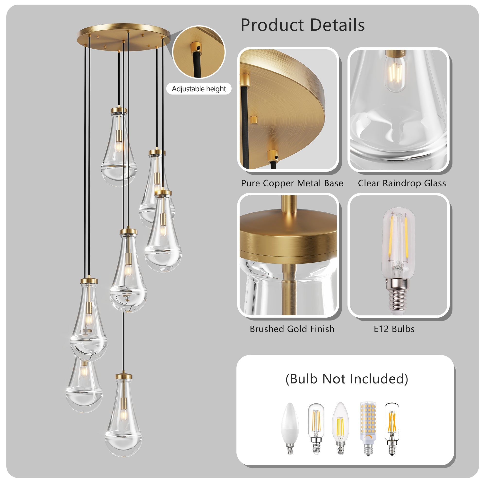 Jandcase 17.7 in. Brass Modern 7-Light Linear Pendant Chandelier with Adjustable Hanging Cords and Raindrop Glass Shades