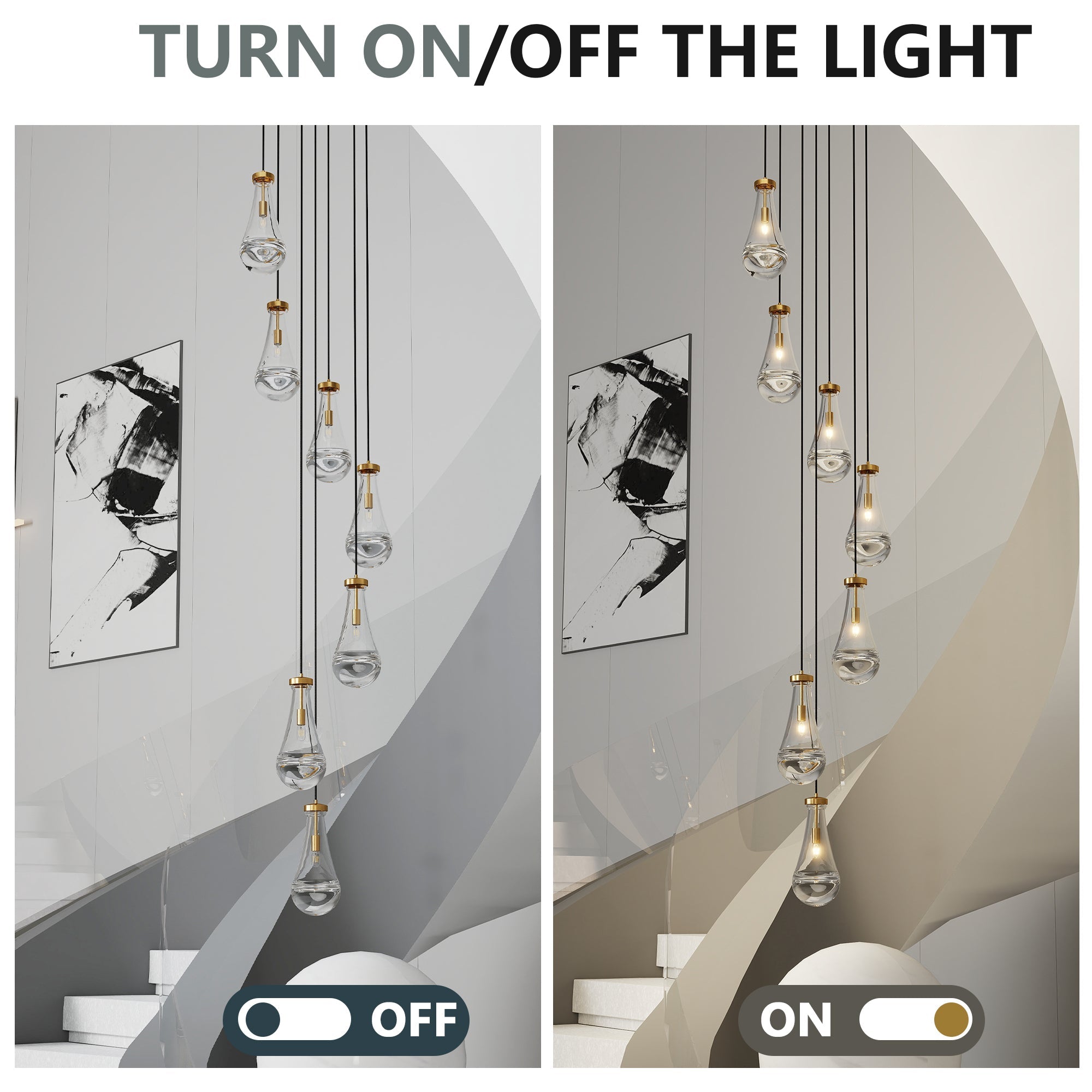 Jandcase 17.7 in. Brass Modern 7-Light Linear Pendant Chandelier with Adjustable Hanging Cords and Raindrop Glass Shades