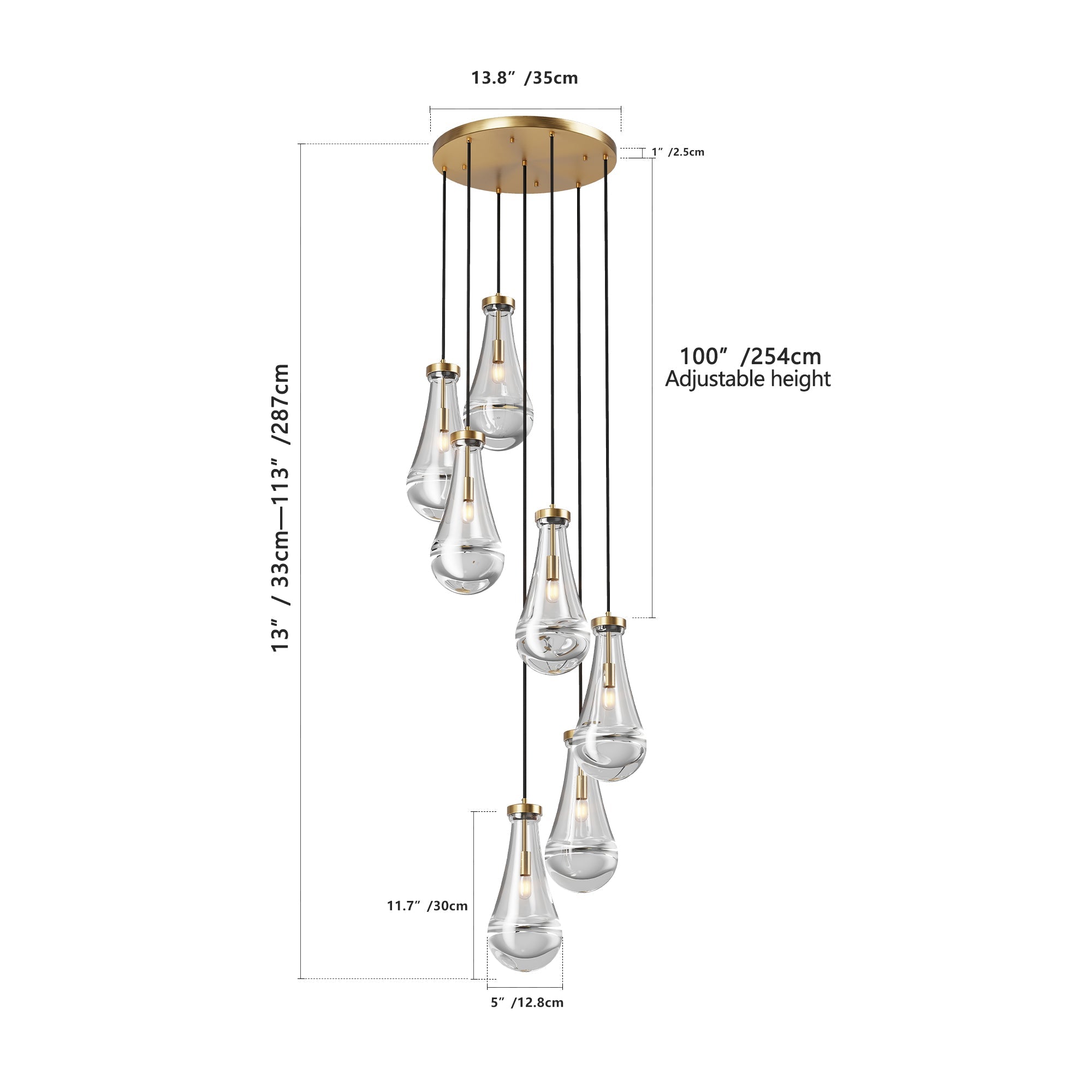 Jandcase 17.7 in. Brass Modern 7-Light Linear Pendant Chandelier with Adjustable Hanging Cords and Raindrop Glass Shades