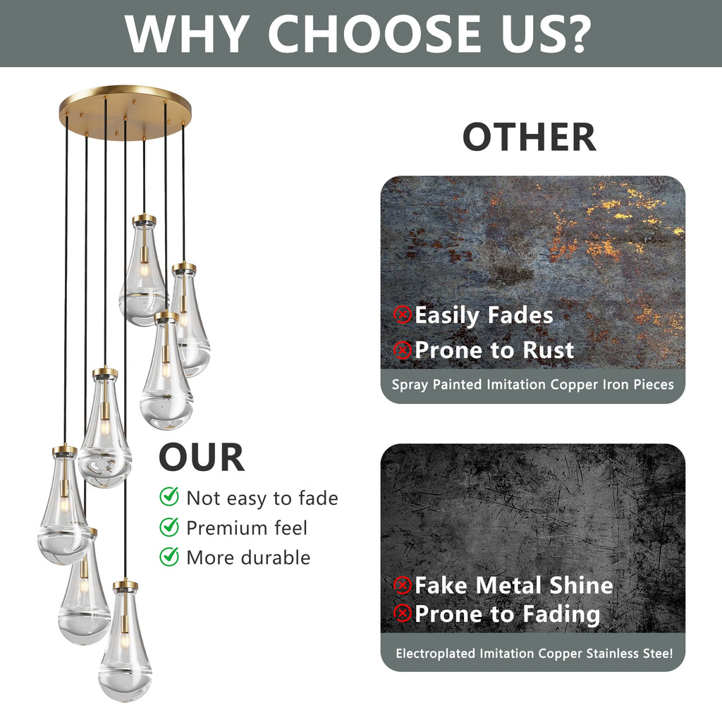 Jandcase 17.7 in. Brass Modern 7-Light Linear Pendant Chandelier with Adjustable Hanging Cords and Raindrop Glass Shades
