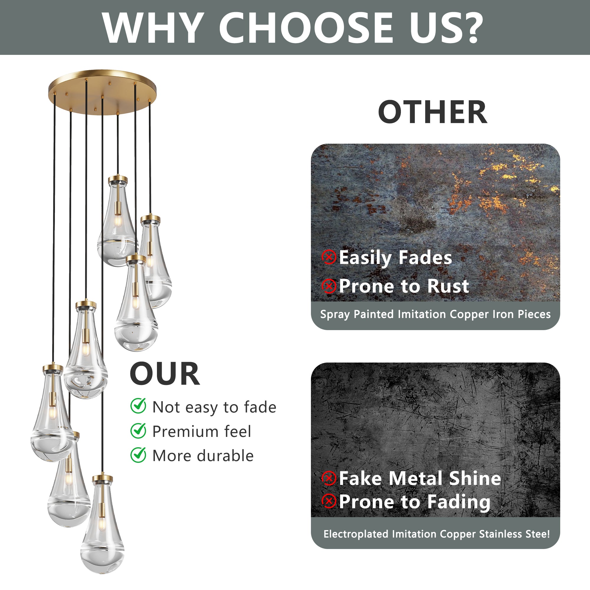 Jandcase 17.7 in. Brass Modern 7-Light Linear Pendant Chandelier with Adjustable Hanging Cords and Raindrop Glass Shades