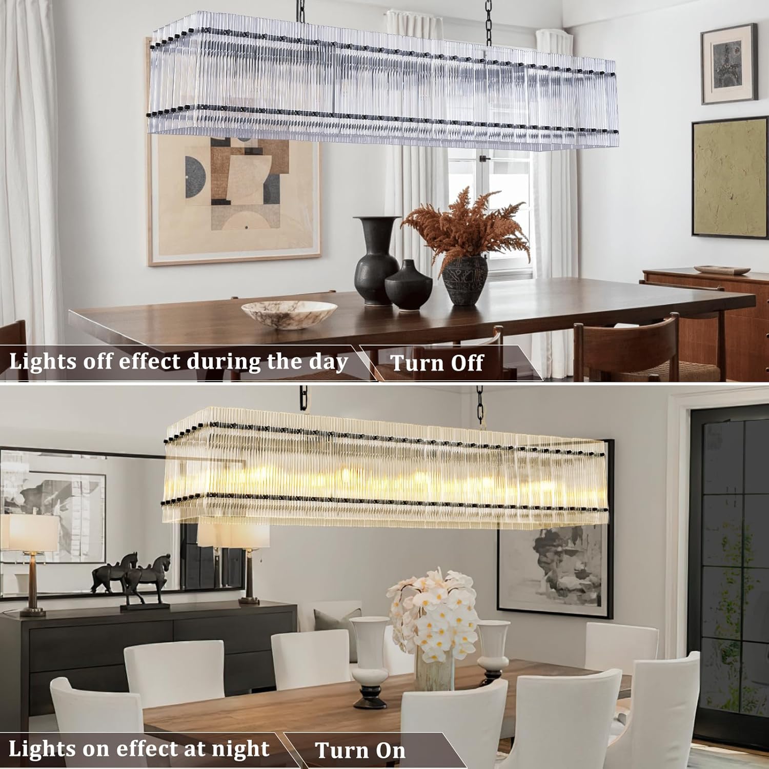 Jandcase 53.9 in. Black Crystal Chandelier LED 10-Light Modern Glass Iron Ceiling Fixture Adjustable Height Semi Flush Mount for Dining Room Living Room