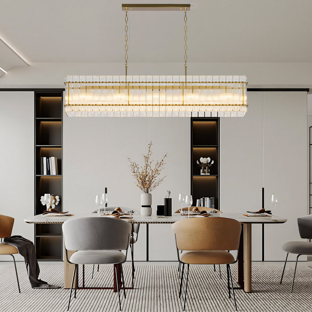 Jandcase 53.9 in. Gold Crystal Chandelier LED 10-Light Modern Glass Iron Ceiling Fixture Adjustable Height Semi Flush Mount for Dining Room Living Room