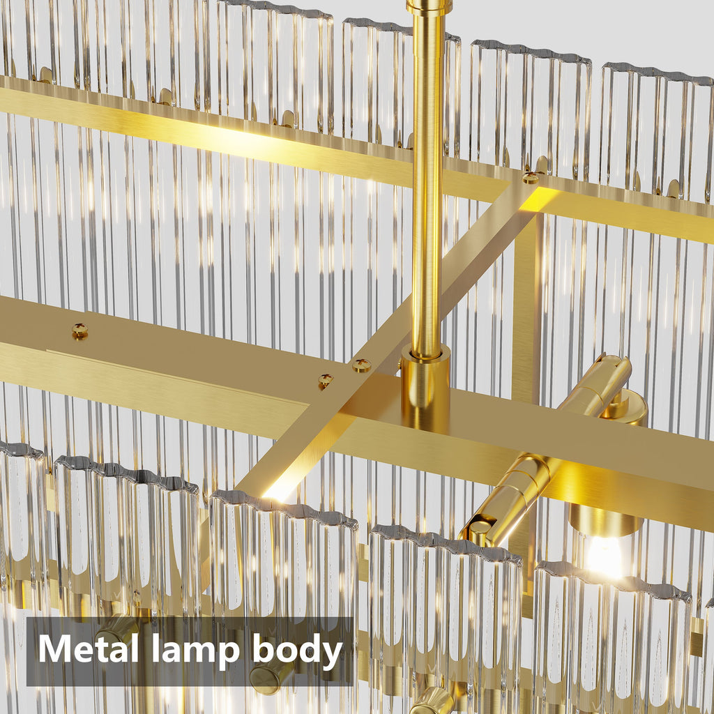 Jandcase 53.9 in. Gold Crystal Chandelier LED 10-Light Modern Glass Iron Ceiling Fixture Adjustable Height Semi Flush Mount for Dining Room Living Room