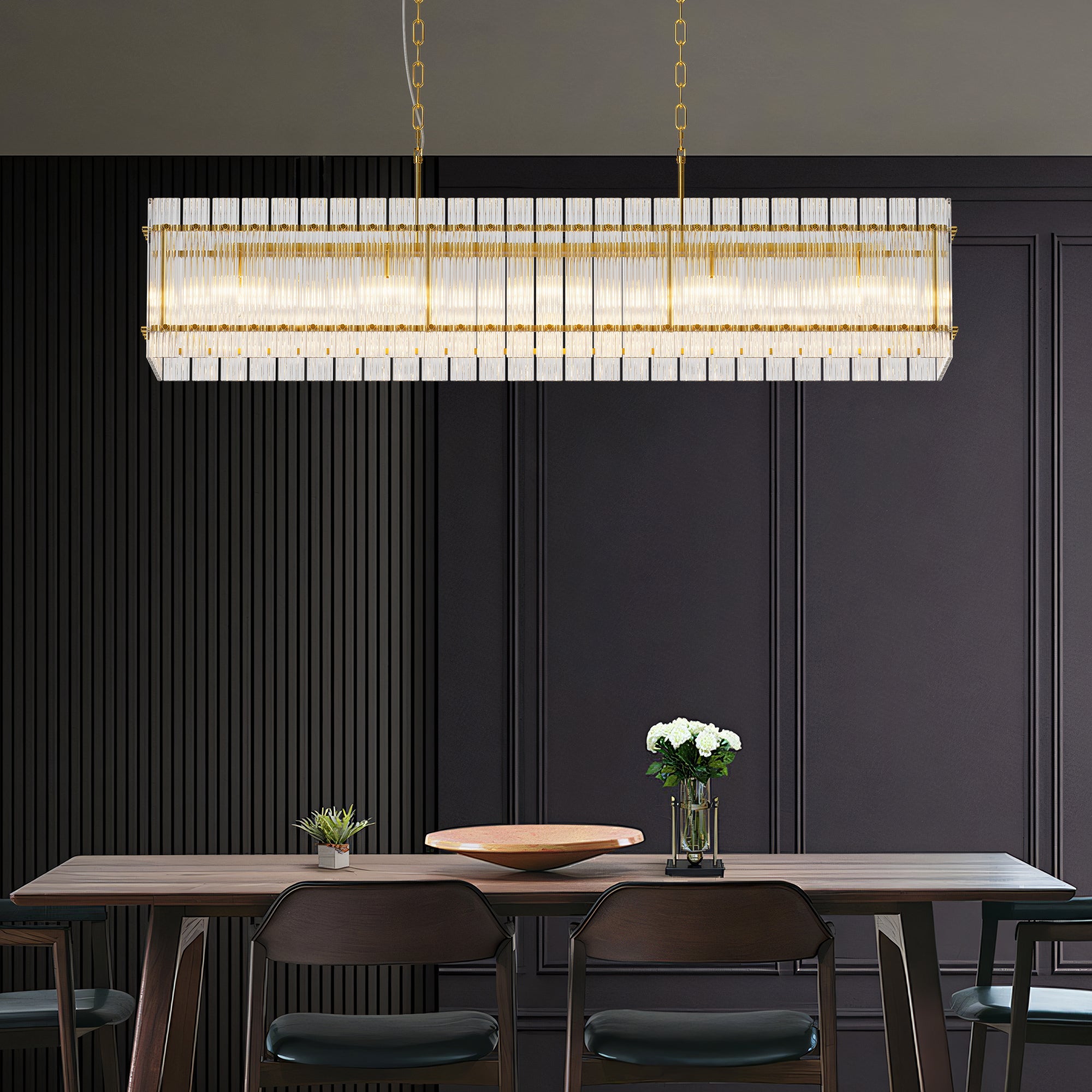Jandcase 53.9 in. Gold Crystal Chandelier LED 10-Light Modern Glass Iron Ceiling Fixture Adjustable Height Semi Flush Mount for Dining Room Living Room