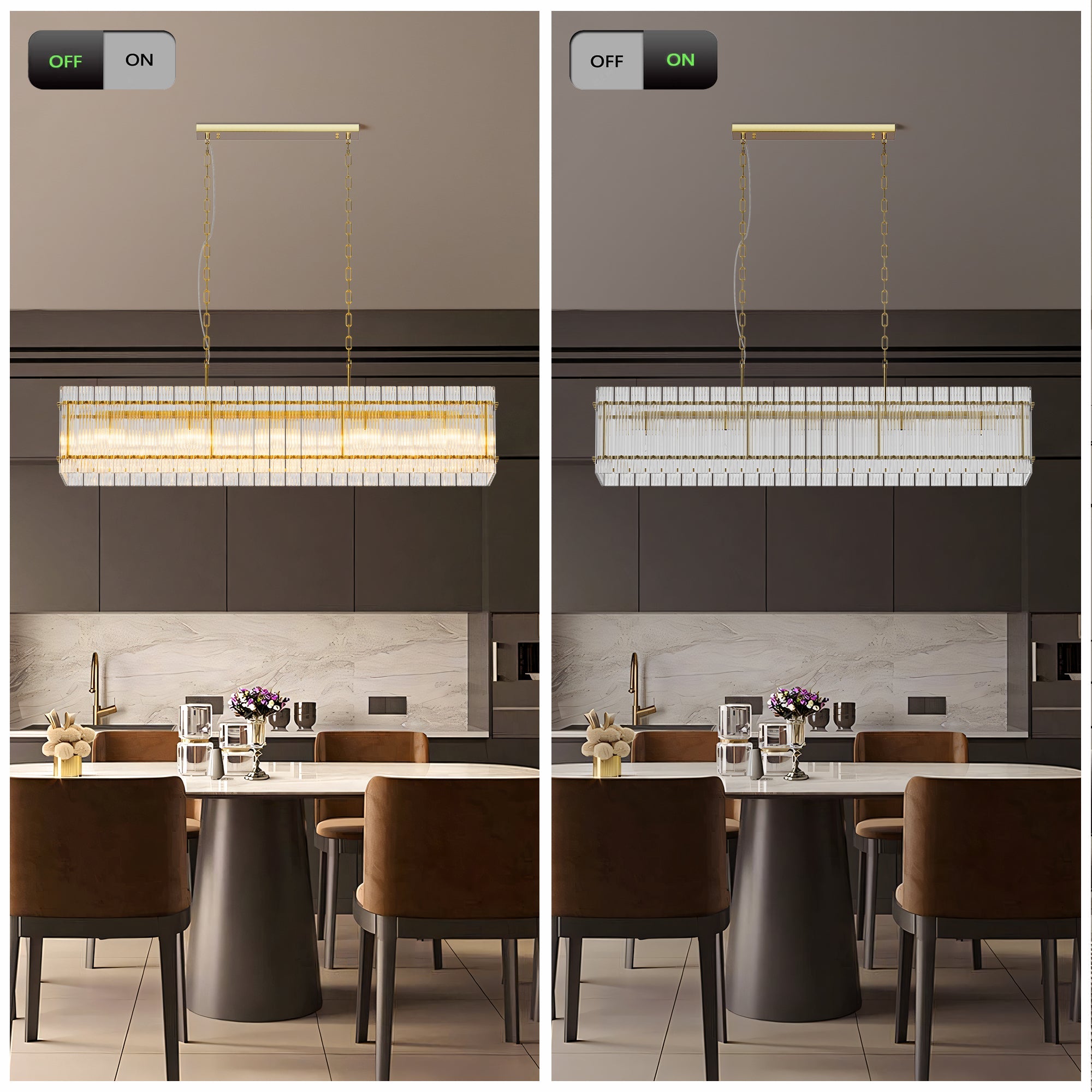 Jandcase 53.9 in. Gold Crystal Chandelier LED 10-Light Modern Glass Iron Ceiling Fixture Adjustable Height Semi Flush Mount for Dining Room Living Room