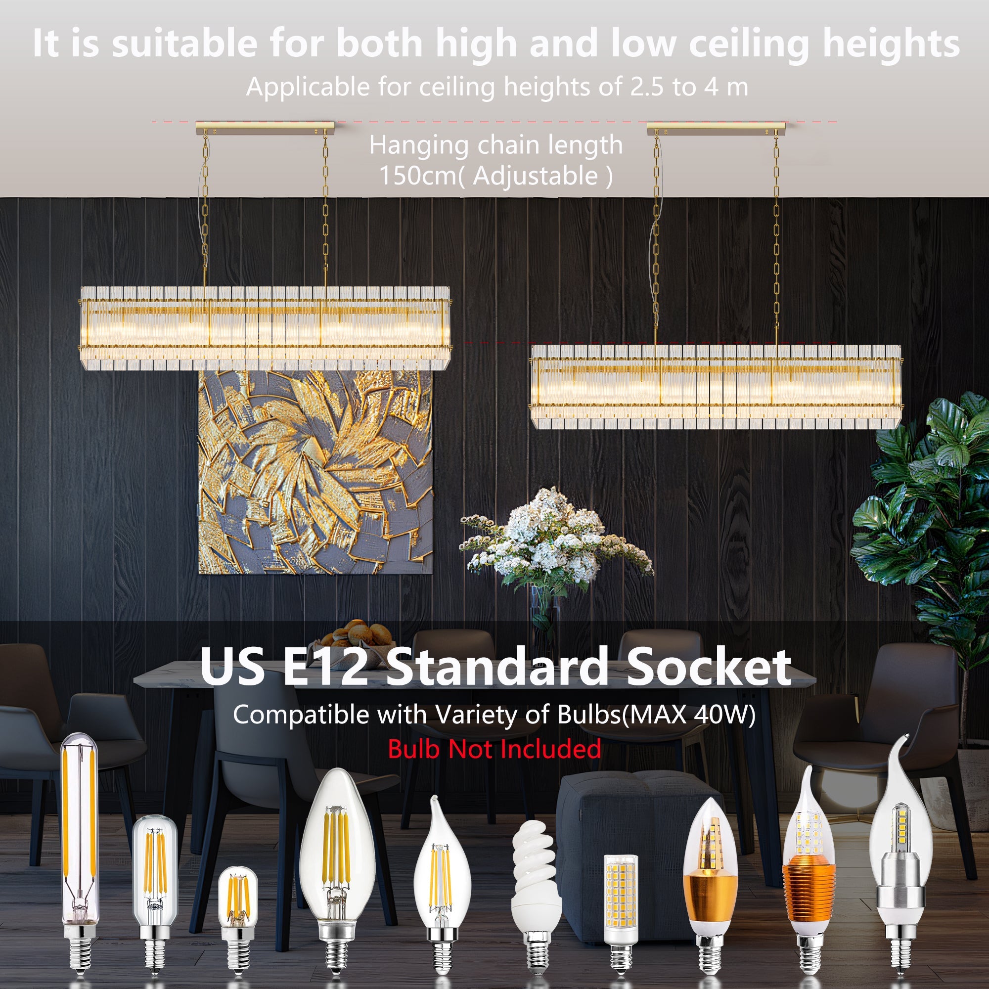 Jandcase 53.9 in. Gold Crystal Chandelier LED 10-Light Modern Glass Iron Ceiling Fixture Adjustable Height Semi Flush Mount for Dining Room Living Room