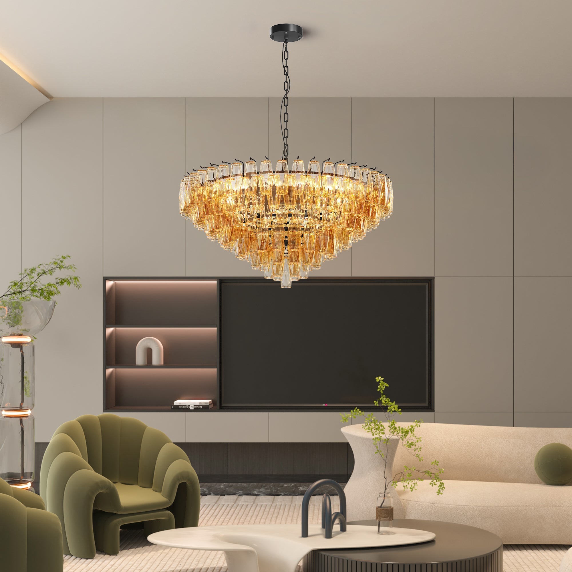 Jandcase 37in. Black 14-Light Tiered Smoke Glass Tube Chandelier Modern Large Ceiling Light for Dining Room Living Room Kitchen Island Bedroom