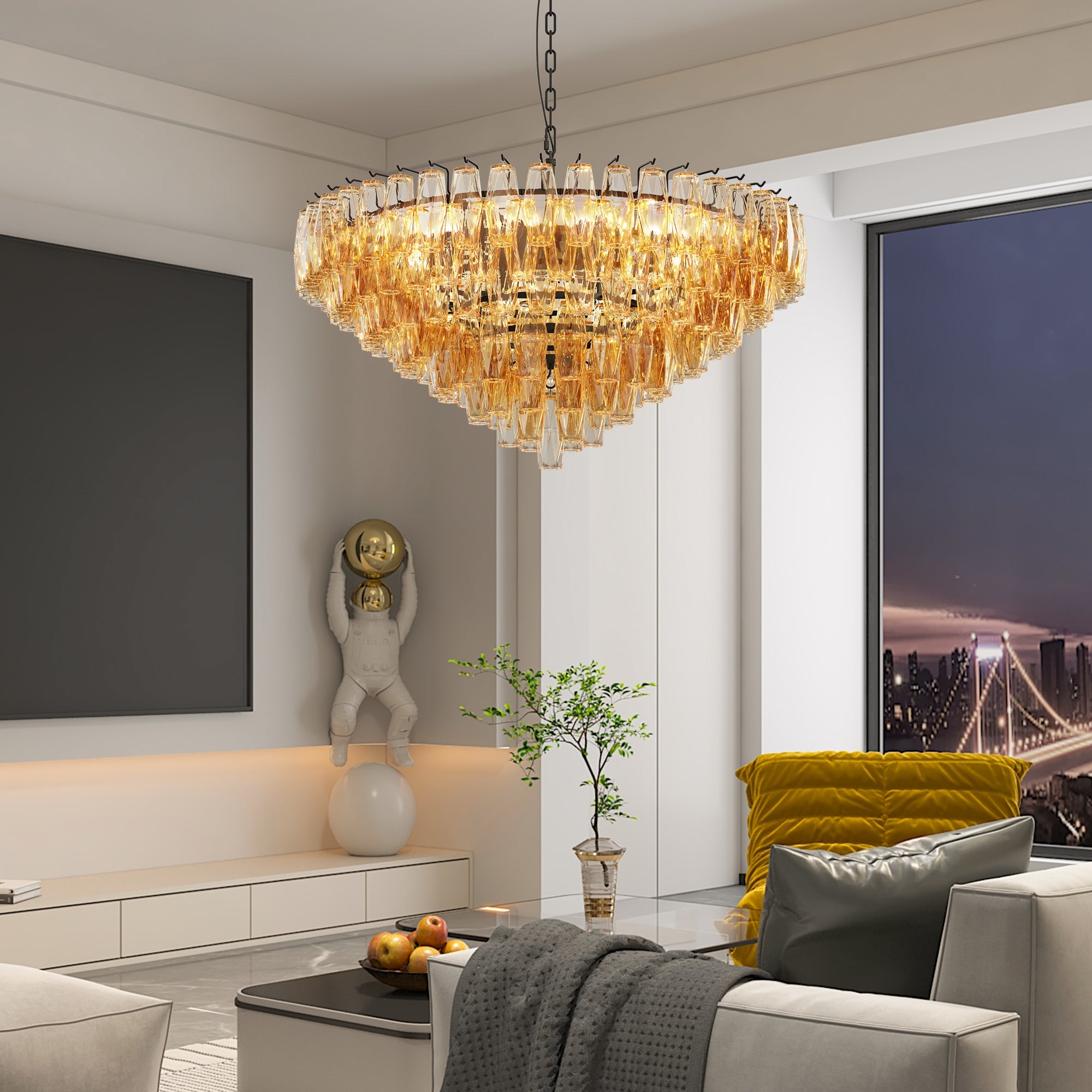 Jandcase 37in. Black 14-Light Tiered Smoke Glass Tube Chandelier Modern Large Ceiling Light for Dining Room Living Room Kitchen Island Bedroom