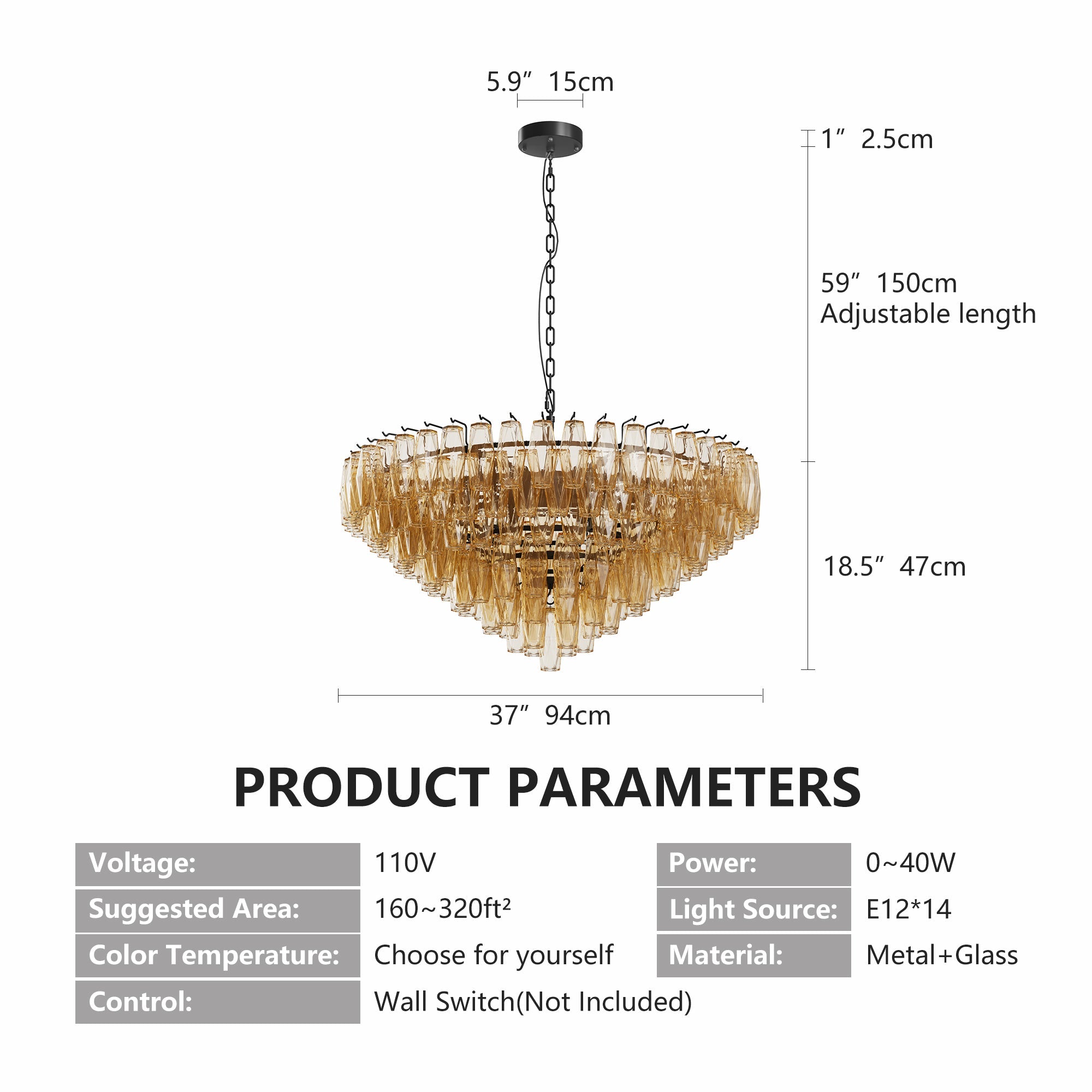 Jandcase 37in. Black 14-Light Tiered Smoke Glass Tube Chandelier Modern Large Ceiling Light for Dining Room Living Room Kitchen Island Bedroom