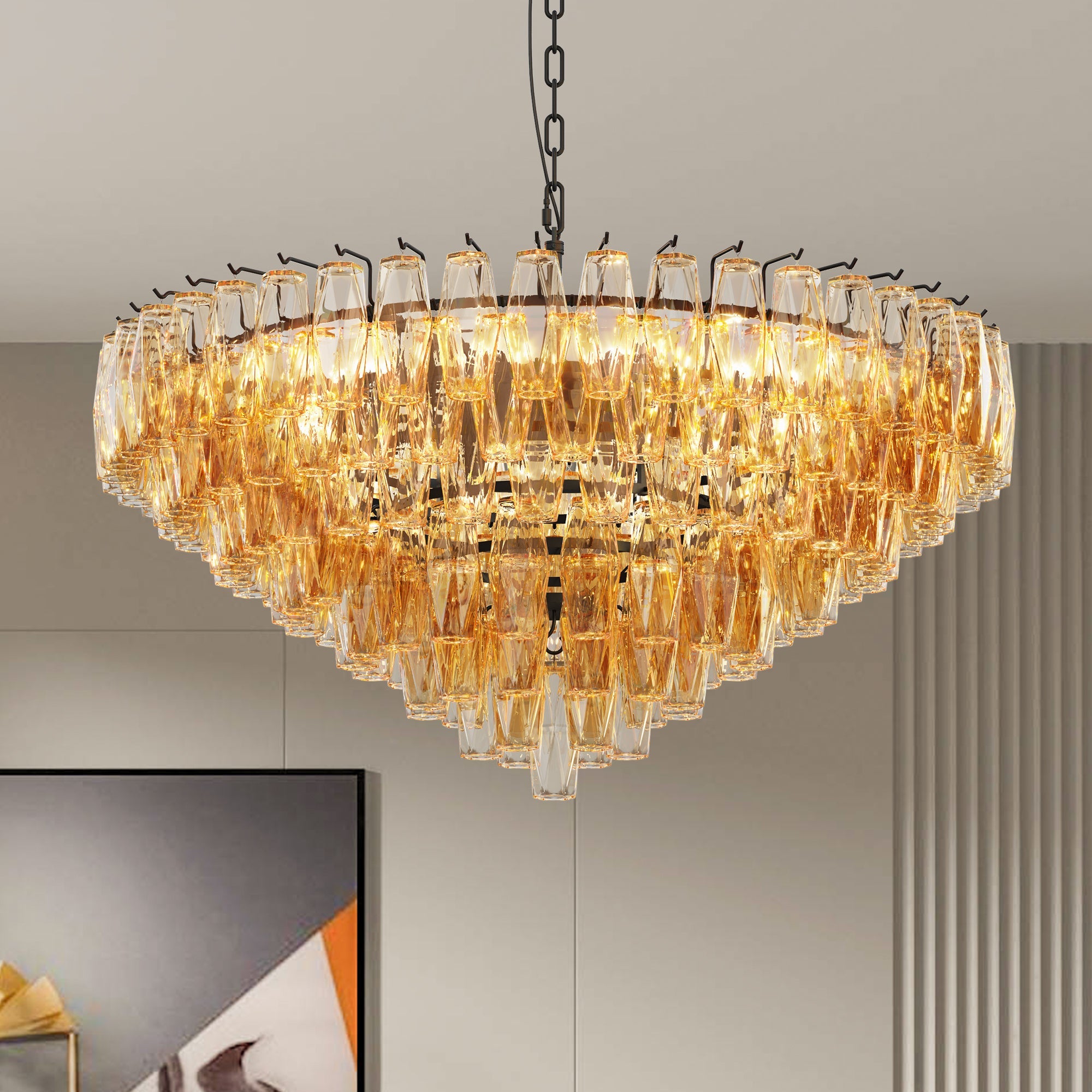 Jandcase 37in. Black 14-Light Tiered Smoke Glass Tube Chandelier Modern Large Ceiling Light for Dining Room Living Room Kitchen Island Bedroom