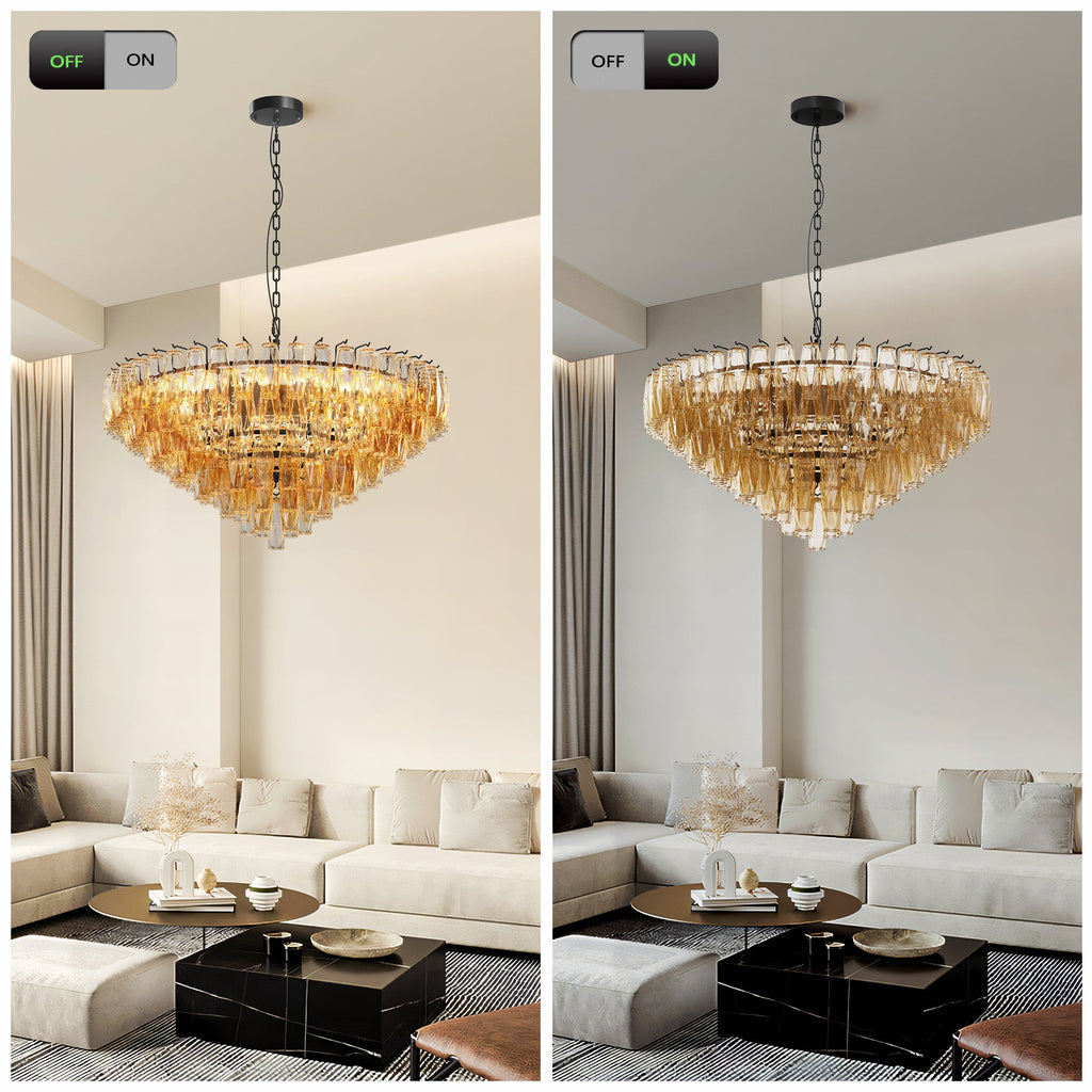 Jandcase 37in. Black 14-Light Tiered Smoke Glass Tube Chandelier Modern Large Ceiling Light for Dining Room Living Room Kitchen Island Bedroom